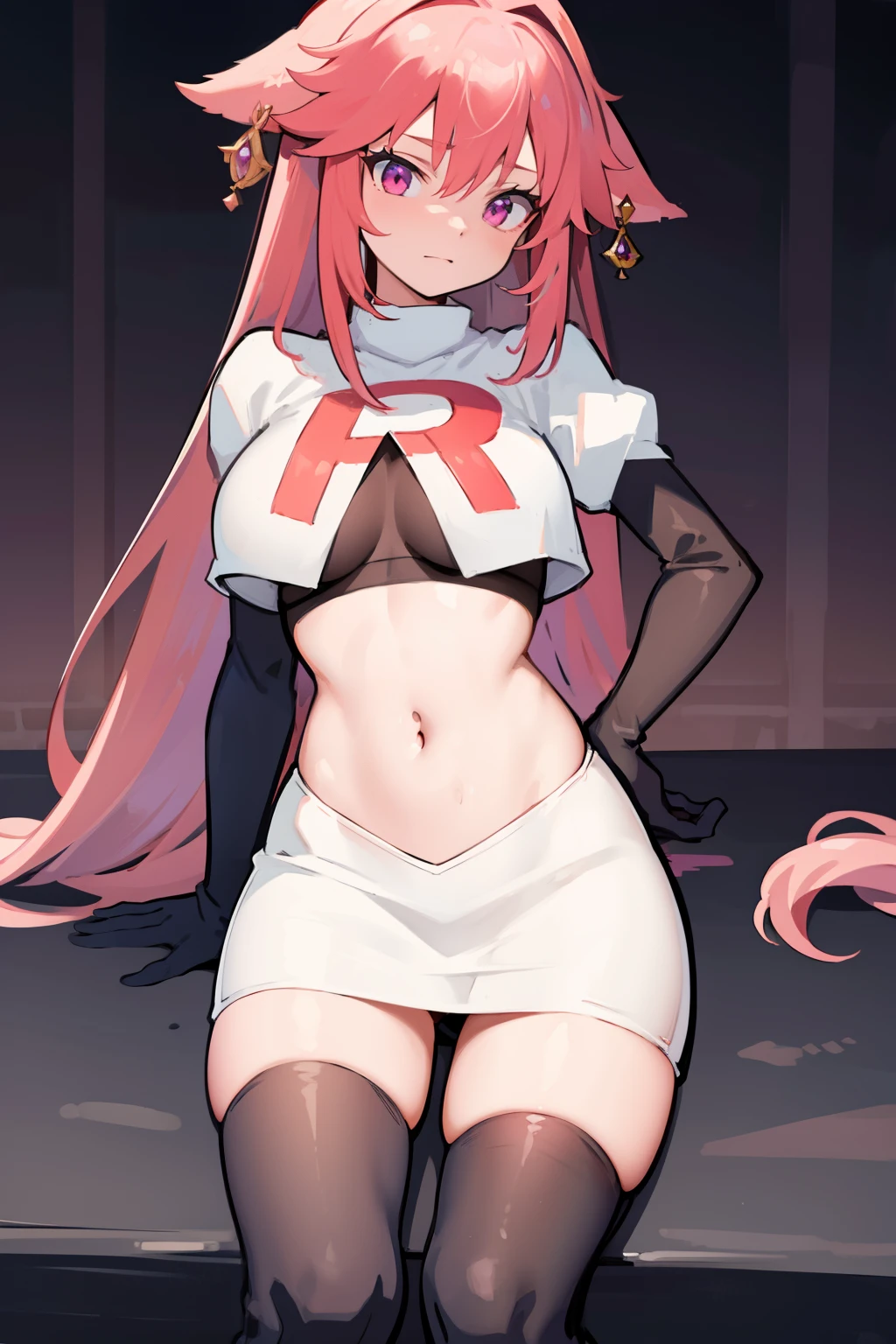 ((masterpiece, best quality)),8k ,Yae miko,1girl, \n/, animal ears, breasts, earrings, flower, fox ears, gem, hair between eyes, hair ornament, jewelry, long hair, medium breasts, miko, pink eyes, pink flower, pink hair, purple gemstone, sidelocks,team rocket,team rocket uniform,white skirt,red letter R,crop top,black thigh-highs,black elbow gloves
