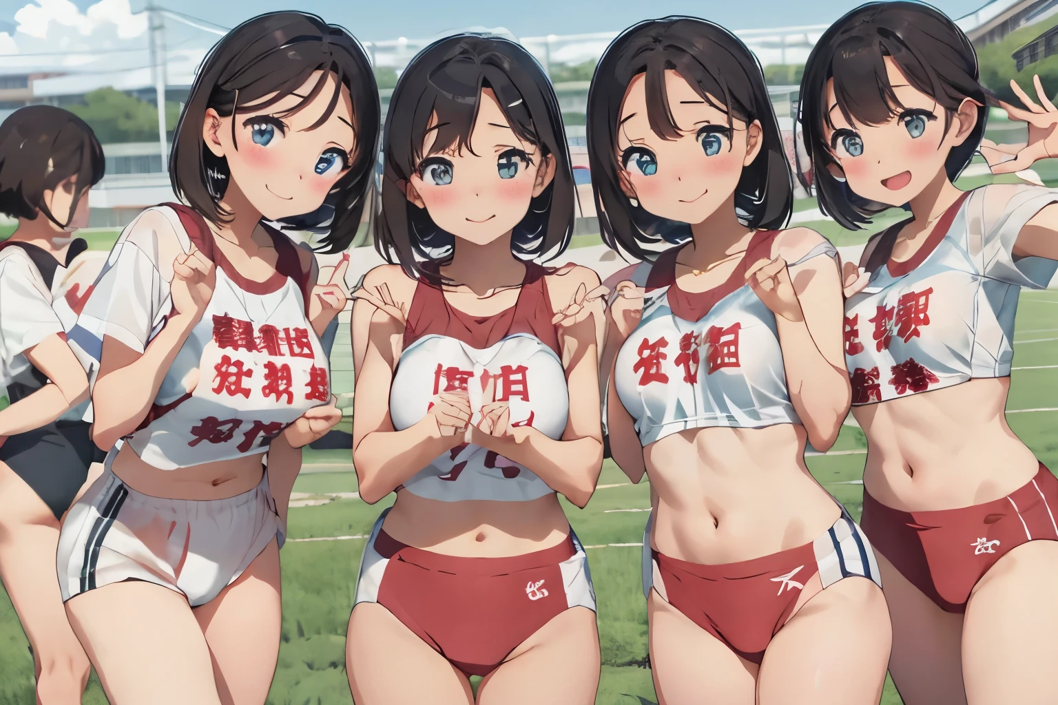 NSFW, incredibly cute girl, rikujou, multiple girl star pieceaster piece, highest quality)), ************, Big breasts that are about to burst, small breasts, Group photo, A sparkling smile