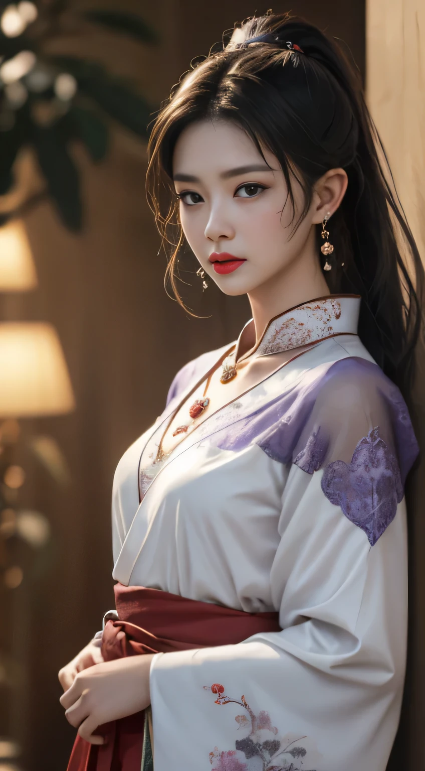 1 Beauty in Hanfu, The white thin purple silk shirt is very textured, white lace top, Purple platinum long ponytail, jewely, ear jewelry, necklace and necklace, meticulously drawn large purple eyes, Be careful with makeup, tthin eyebrows, a tall nose, Beautiful red lips, No smile, Pouting your lips, Red fluttering face, broad chest, , proportionate, a slender waist, Purple fishnet socks, chinese hanfu style, fictional artistic texture, vibrant with colors、realisticlying, RAW photogr, Photorealistic photos, Ultra high quality 8K surreal photos, (Effective fantasy lighting effects: 1.8), 10x pixels, magical effect (Background with): 1.8), Ultra-detailed eyes, Full body portrait of a girl , Chinese royal background