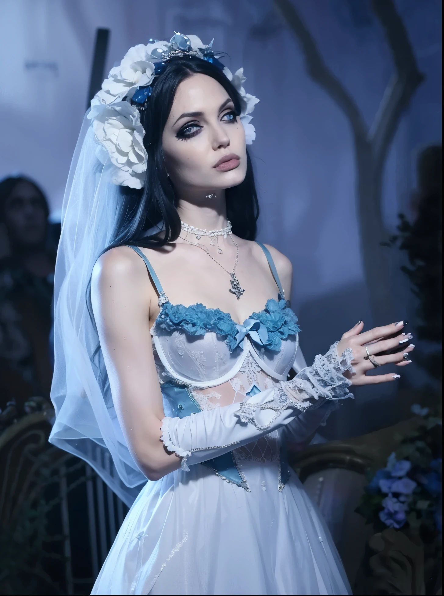 Un primer plano de una mujer con un vestido de novia con velo, corpse bride style, Corpse Bride art style, she has pale blue skin.!!!, al estilo de anne stokes, gothic maiden, an elegant gothic princess,  earley, wearing gothic accessories, pale gothic beauty, hermosa con vibraciones espeluznantes, muy hermosa top model goth, inspirado en Anne Stokes