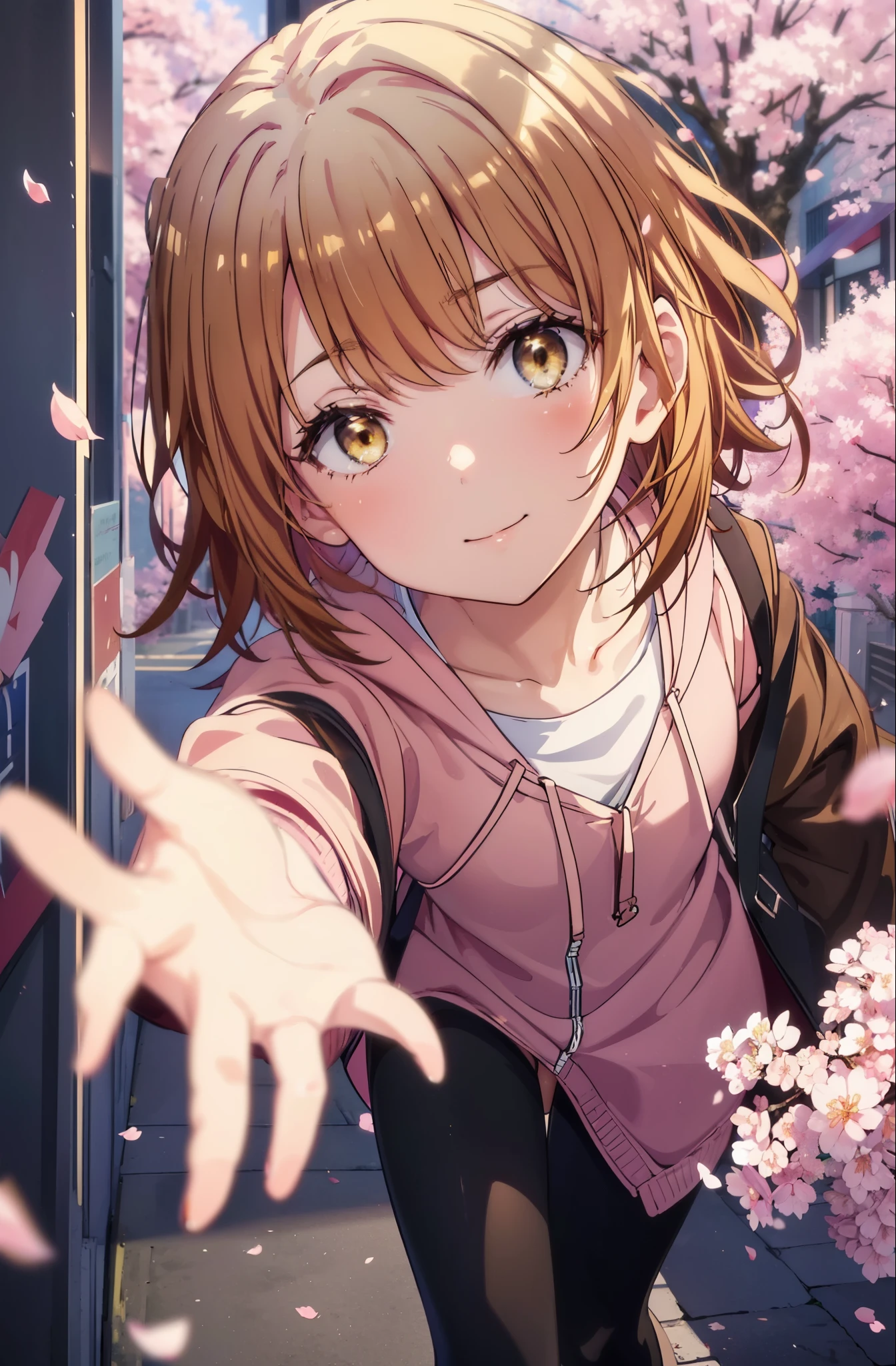 irohaisshiki, iroha isshiki, short hair, brown hair, (brown eyes:1.5), blush,smile,open your mouth,Pink hoodie wearing a hood,short denim pants,black tights,short boots,standing with one's back against the wall、cherry blossoms are blooming,Cherry blossoms are scattered,
break indoors, Cherry blossom tree-lined path,
break looking at viewer,
break (masterpiece:1.2), highest quality, High resolution, unity 8k wallpaper, (figure:0.8), (detailed and beautiful eyes:1.6), highly detailed face, perfect lighting, Very detailed CG, (perfect hands, perfect anatomy),