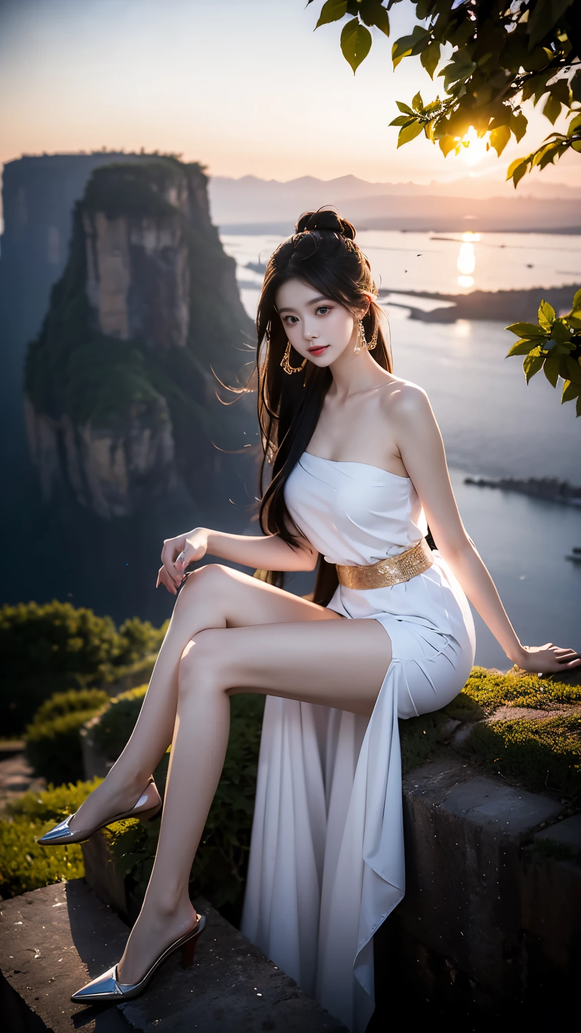 (masterpiece, best quality:1.2), 1girl, solo, ((gufeng,bare shoulders)), at the hilltop，Moonlight，((night)), ((full body)), ((from below)), ((sitting position, sitting at the edge of a cliff)), figure of heroine，Slender sexy legs，very beautiful legs，Leaking sexy legs，Big breasts，beauty, mystery。脸庞beauty精致，Otherworldly beauty。The bridge of the nose is straight，Lip color like cherry，Confident and calm。face chiseled，Skin as fair as jade，Makeup is light and delicate，Show her temperament and charm。Light foundation, Transparency of skin，perfect eyebrow shape，eye makeup,eye shadow,Eyeliner，Eyes are brighter and more energetic。涂上grace的口红，Charm and sophistication。衣服grace别致，Clothes flutter，Blown up by the wind，drifting into the distance。grace，Swinging action。Hair tied haphazardly behind the head，Secure it with a hosta，Strands of hair flutter gently in the wind，一道beauty的风景线，Attract attention。beauty、grace、mystery