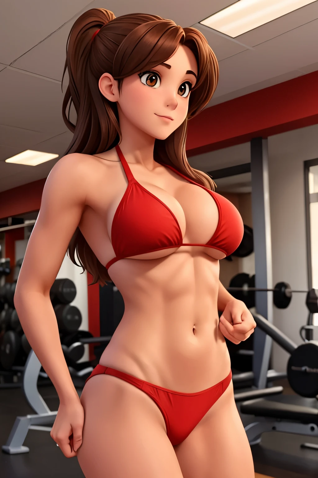 A sexy girl with brown hair, she is in the gym, she is wearing a red bikini