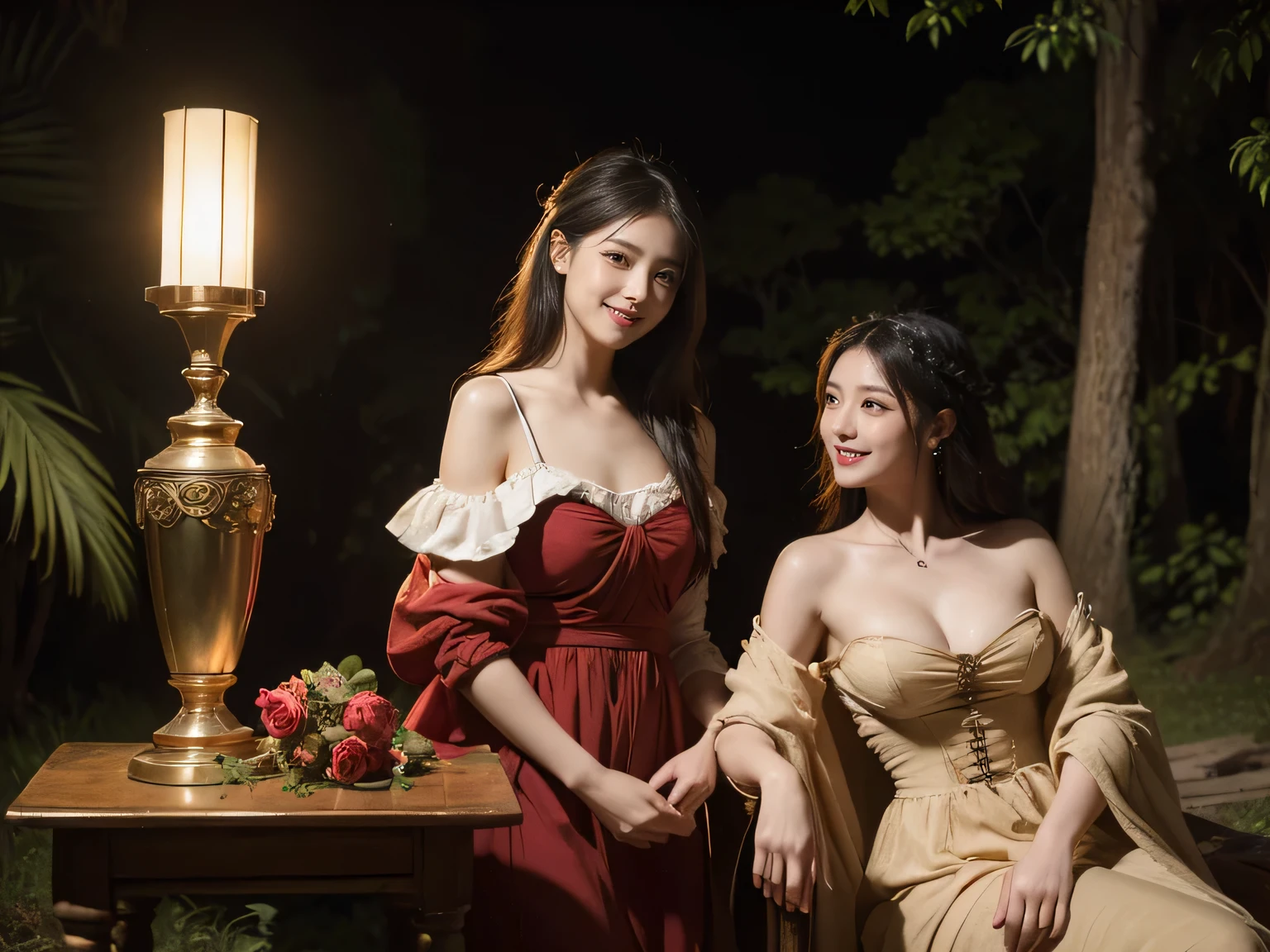 Giorgione painting style,Arguments of two female Philosophe,math、astronomical machine、astronaut、roses in vase、fruits、Cute trinkets、smile、ancient greek costume、Background is a forest lake at night 、Clothes that stretch your shoulders、A big smile、beautiful bare skin、A detailed representation of the seducing woman throughout her body.full body portrait, Ancient Roman ruins, Poussin-style landscape at night, A smile, , Sweet and seductive appearance.、Caravaggio's paintings、Chiaroscuro of Caravaggio、Hair disheveled in the wind, Two women frolicking, Cute smile, Expression of ecstasy, A sexy, Erotic 