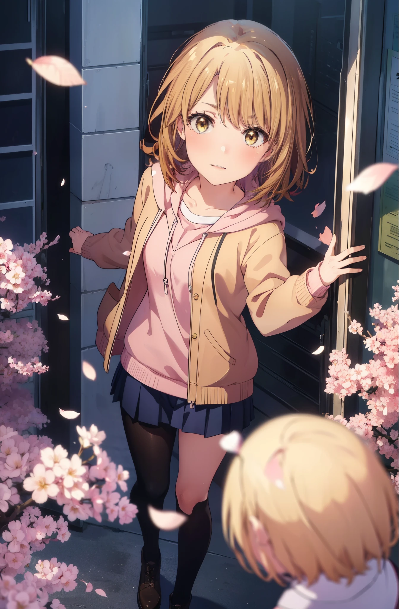 irohaisshiki, iroha isshiki, short hair, brown hair, (brown eyes:1.5), blush,smile,open your mouth,Pink hoodie wearing a hood,short denim pants,black tights,short boots,standing with one's back against the wall、cherry blossoms are blooming,Cherry blossoms are scattered,
break indoors, Cherry blossom tree-lined path,
break looking at viewer,
break (masterpiece:1.2), highest quality, High resolution, unity 8k wallpaper, (figure:0.8), (detailed and beautiful eyes:1.6), highly detailed face, perfect lighting, Very detailed CG, (perfect hands, perfect anatomy),