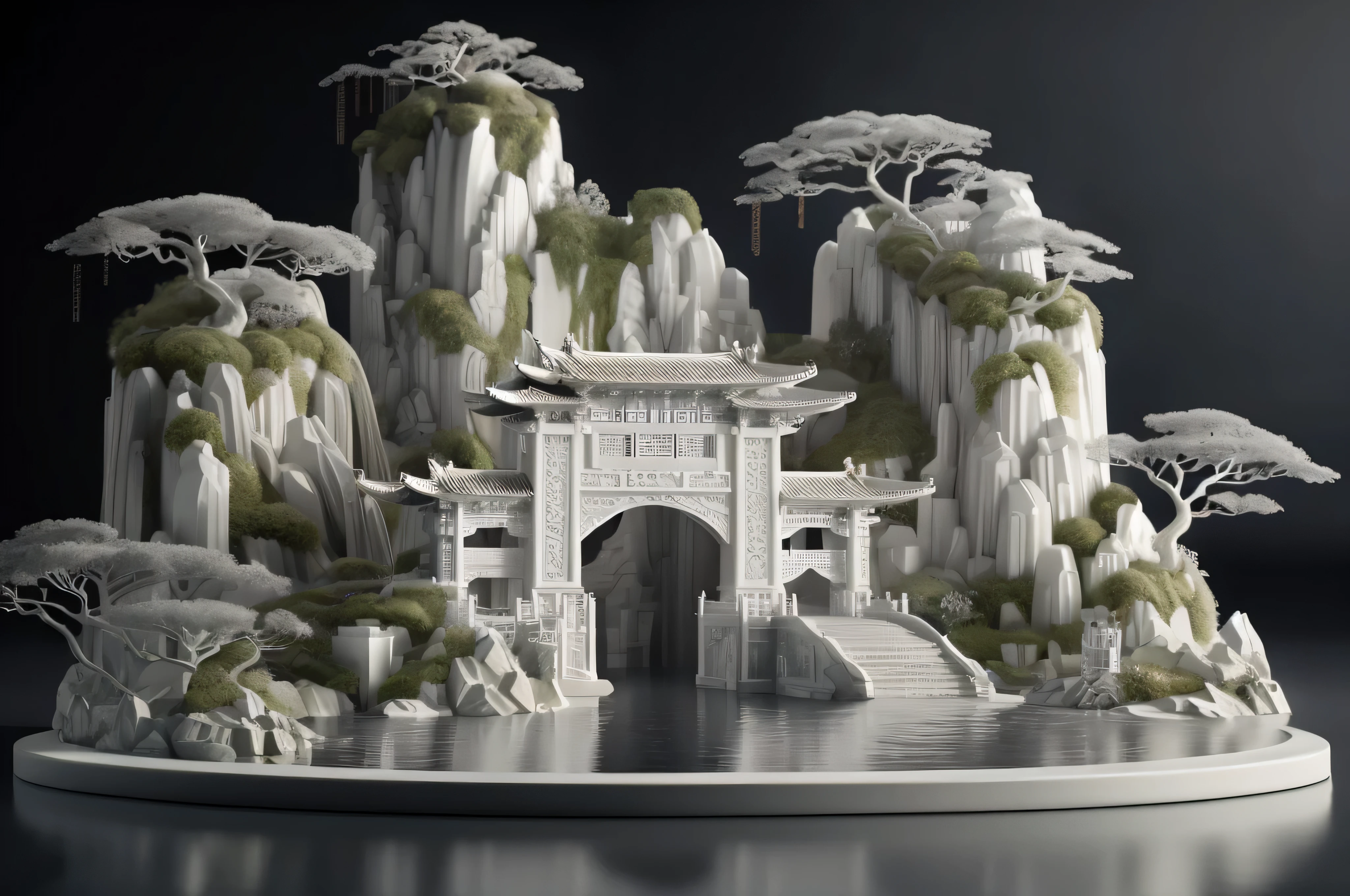 there is a white sculpture of a mountain with a gate, cyberpunk chinese ancient castle, beautiful render of tang dynasty, fantasy 3 d render, 3d render digital art, 3 d render stylized, daily render, a mystical temple, rendered in cinema 4 d, rendered in cinema4d, detailed intricate render, beautiful render of a fairytale, 3 d artistic render