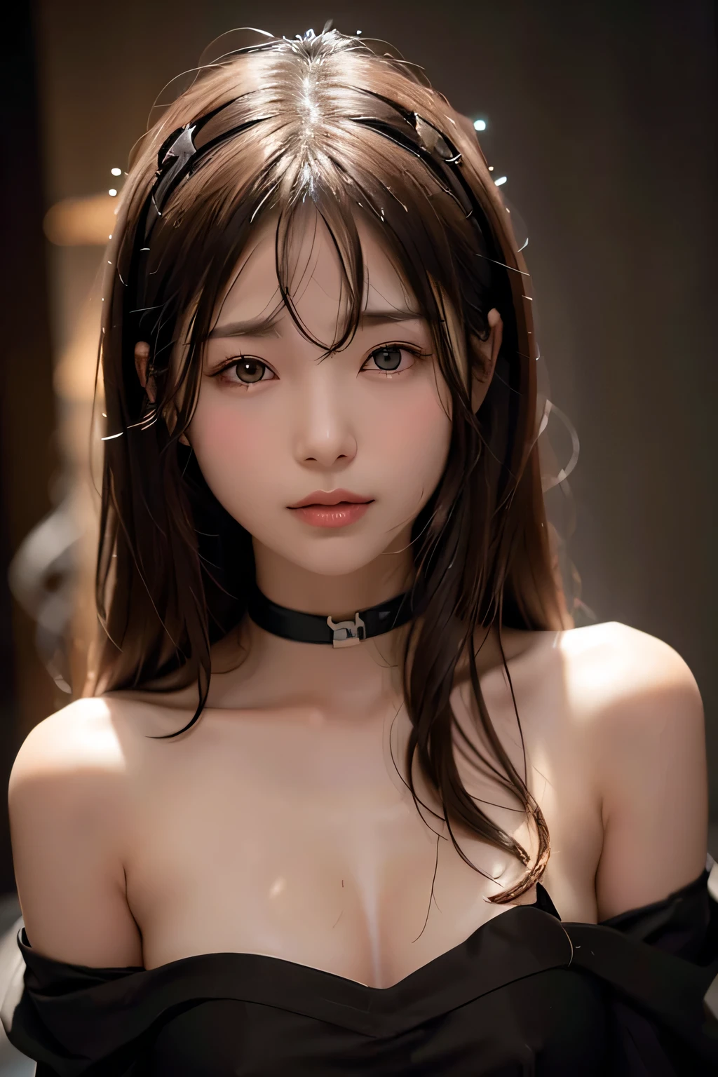 (8k, masterpiece, highest quality),film portrait photography, 1 girl, bare shoulders, Wavy shoulder-length hair, Calm, Calm, (realistic detailed eyes, natural skin texture, realistic facial details), , written boundary depth, Bokeh, vivid details, finely, surreal, 35mm film, hazy blur, movie,(slim:1.35)、(flat body:1.35)、、cute、inverted triangle face、(close up head shot:1.23)、long hair hides the chest、long hair covers the bust、can&#39;I have long hair so I can&#39;t see my bust..、inside the dark tunnel、(silhouette lighting:1.5)、