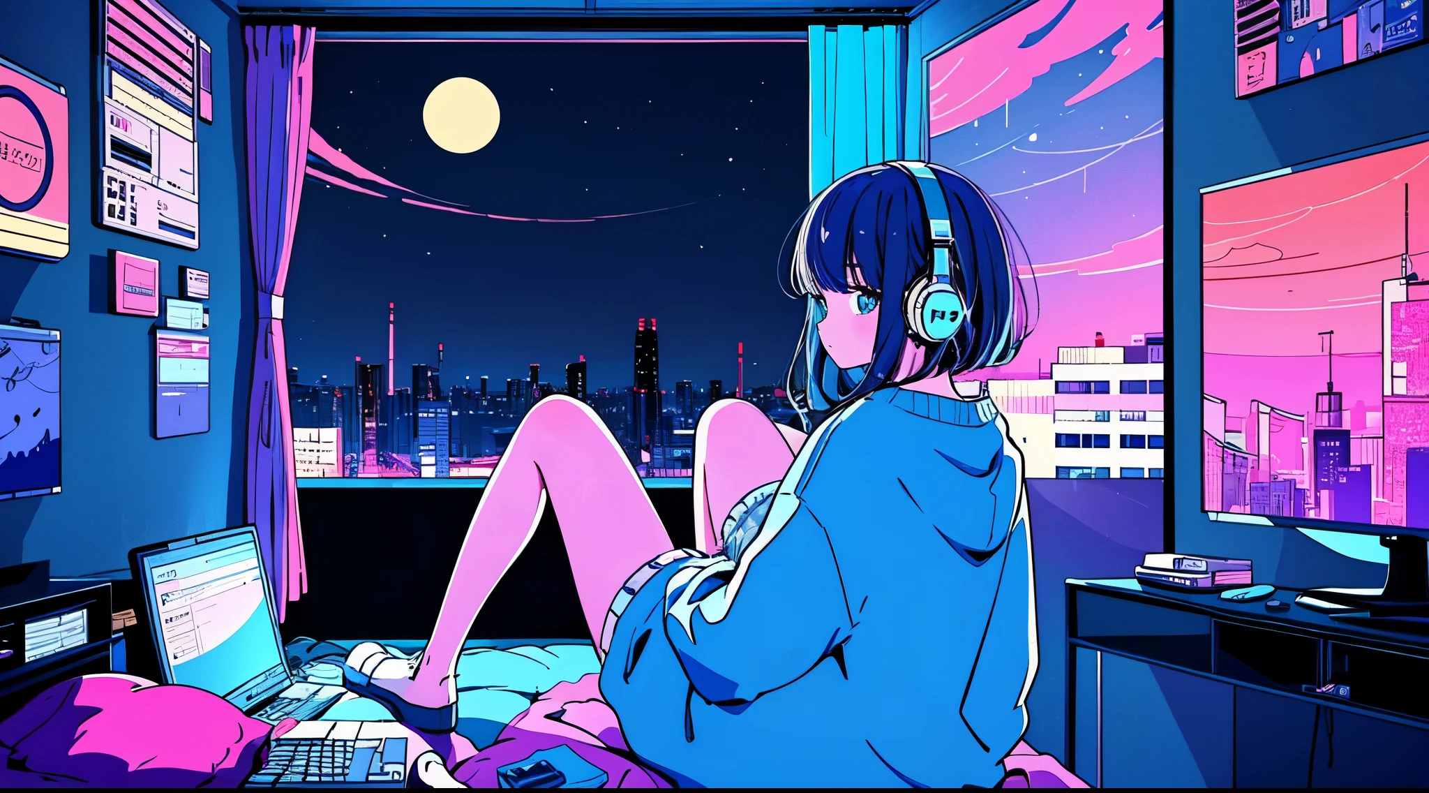 (from behind), Anime girl sitting in front of a computer in a cozy bedroom, girl listening to music in a cozy room (night), Using headphones, on the roof, (beautiful night views from windows), lots of things, 2D anime style, The aesthetics of anime in the 90s, lo-fi, very detailed, hard disk, A mix of anime style and Fujifilm, surreal, 8k, masterpiece