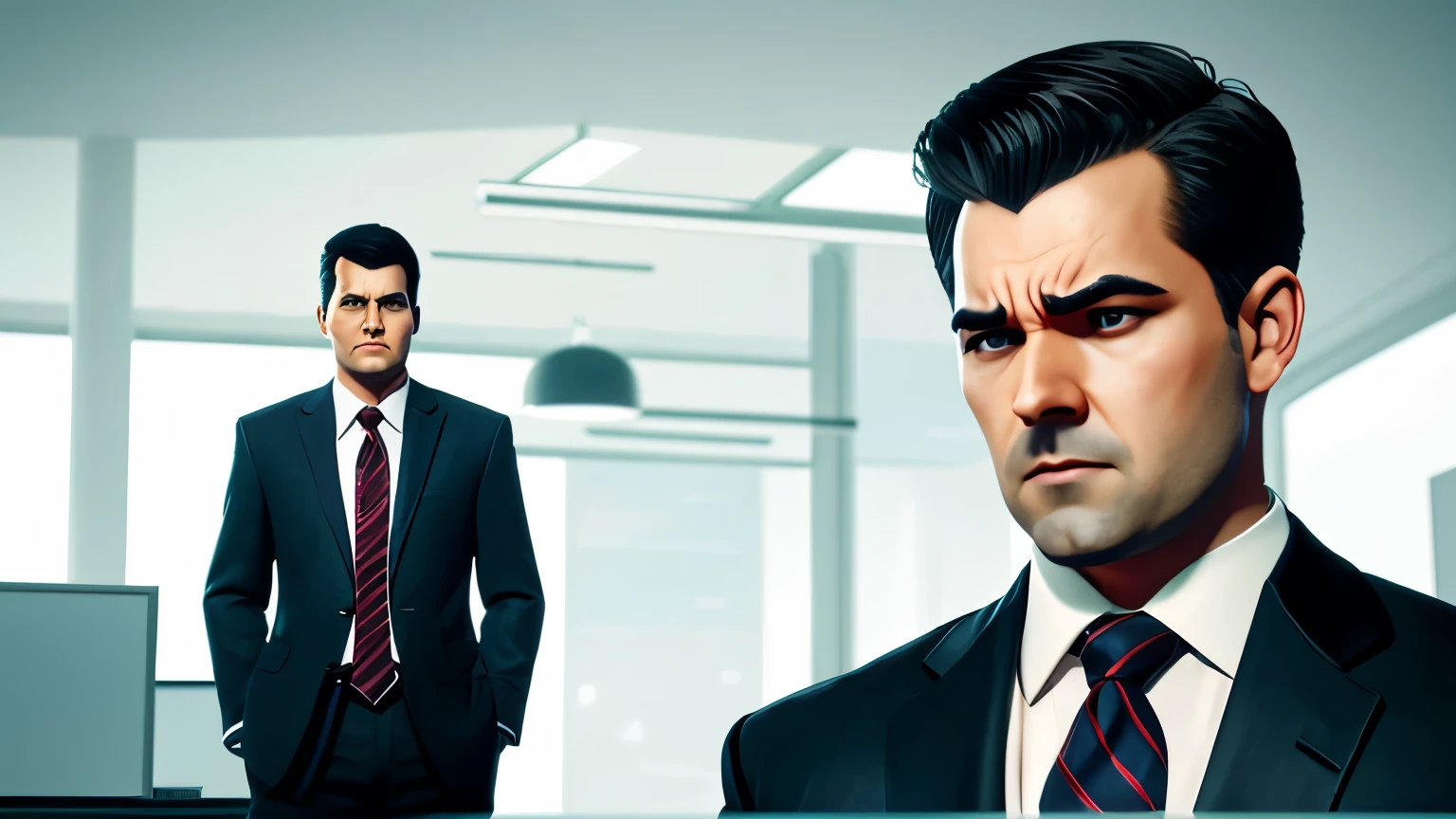 Realistic Illustration in the style of Arcane League of legends, a wide shot of a modern office where a 33yo male office worker wearing a suit and tie and short hair, is suffering heartburn with a face of pain, is talking with his middle aged boss. Art by Christian Linke and Alex Yee. Complex composition. Dynamic poses.