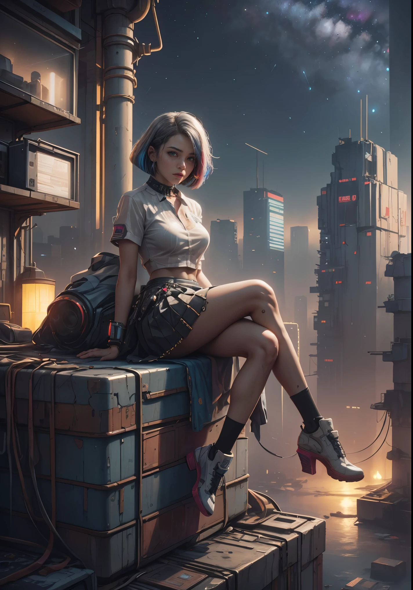 (realism), (portrait of a girl sitting legs dangling on a edge roof ledge), (rain drop), (sweat see through white frilled shirt:1.3), (pleated skirt:1.3), (rainy city), (dusk, the milky way in the sky:1.45), (small breasts), photoreal, (beautiful sky, starry), (masterpiece), (soaking wet), (sexy:1.3), (cyberpunk slums:1.5), (cyberpunk slums on top), (cyberpunk 2077), beautiful neon city, ((gray hair, multicolored eyes, multicolored hair, bob cut, short hair with long strands))