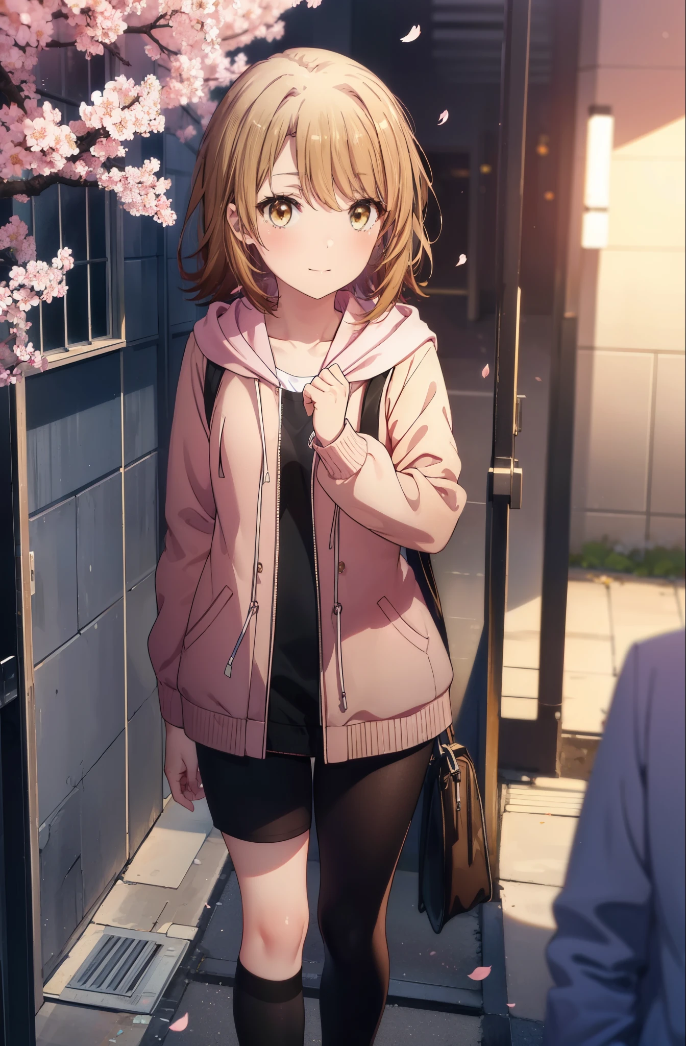 irohaisshiki, iroha isshiki, short hair, brown hair, (brown eyes:1.5), blush,smile,open your mouth,Pink hoodie wearing a hood,short denim pants,black tights,short boots,standing with one's back against the wall、Many cherry blossoms are blooming,Cherry blossoms are scattered,
break indoors, Cherry blossom tree-lined path,
break looking at viewer,
break (masterpiece:1.2), highest quality, High resolution, unity 8k wallpaper, (figure:0.8), (detailed and beautiful eyes:1.6), highly detailed face, perfect lighting, Very detailed CG, (perfect hands, perfect anatomy),