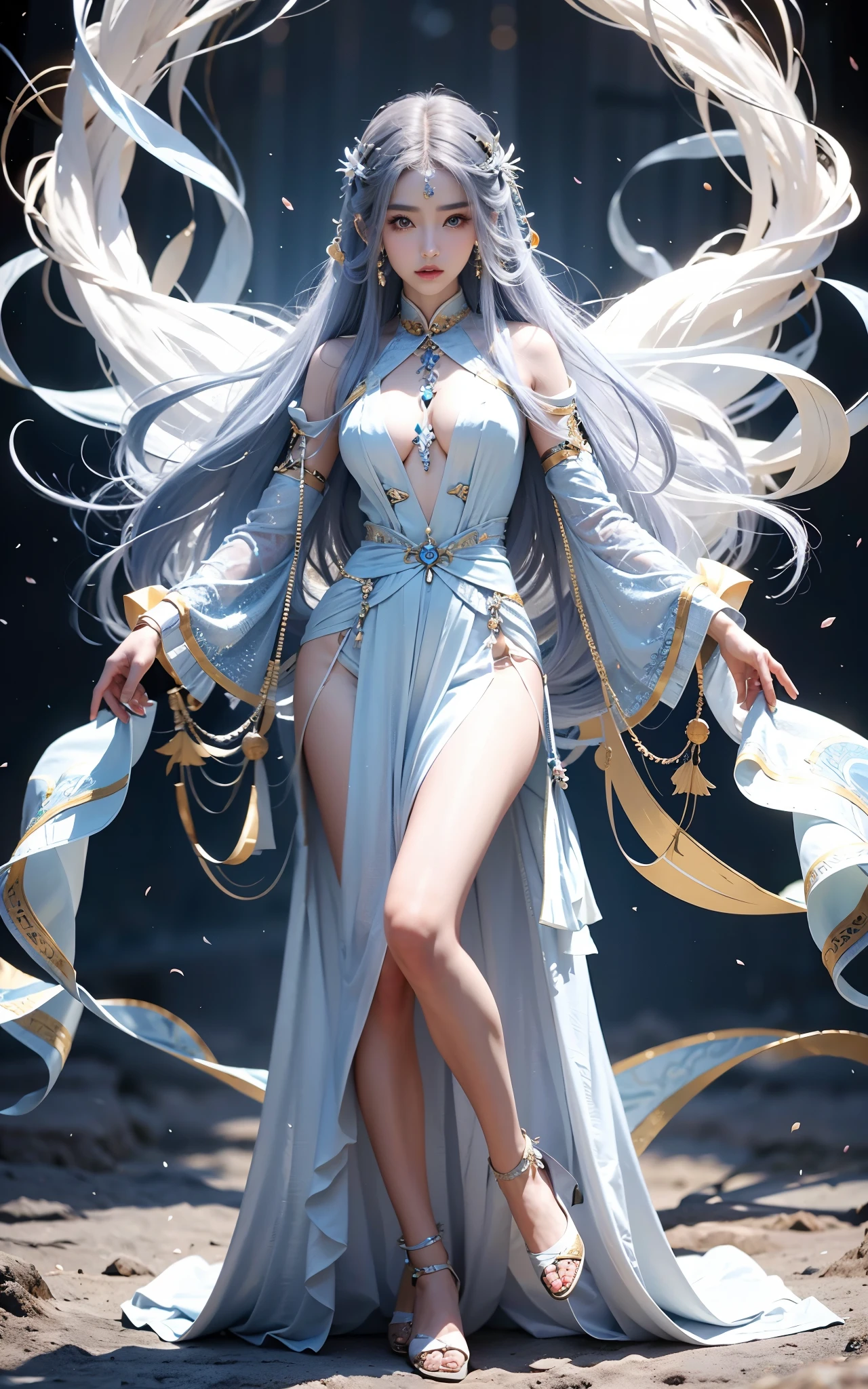 Close-up of woman on stage, full body xianxia, Beautiful celestial mage, Stunning young and ethereal figure, beautiful fantasy queen, sha xi, xianxia fantasy, beauty buried, ethereal fantasy, Elegant and charming cosplay, heise jinyao