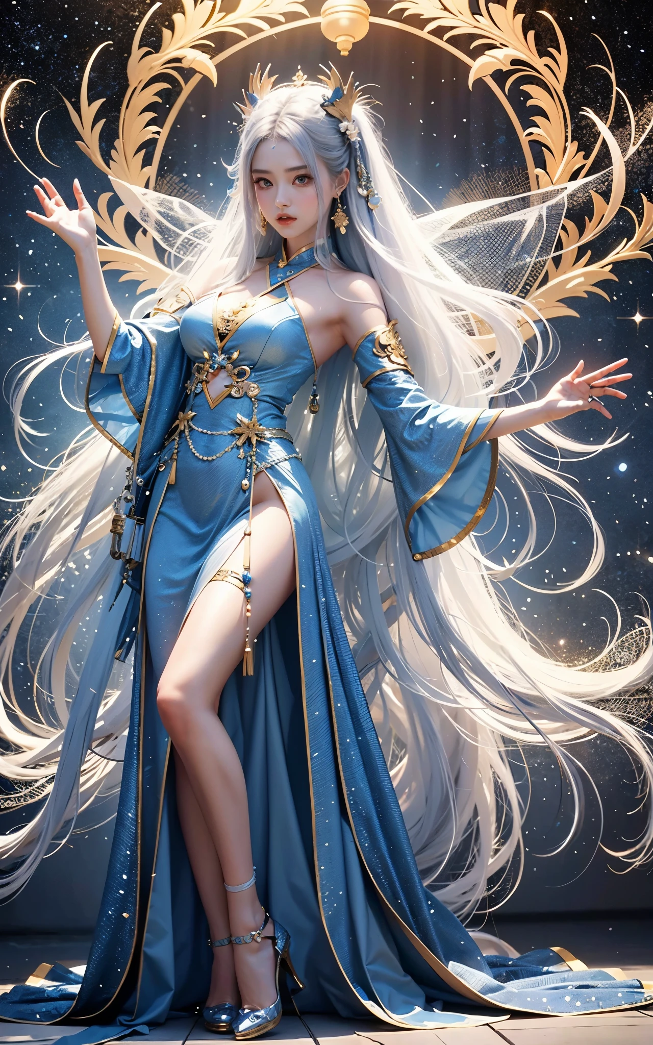 Close-up of woman on stage, full body xianxia, Beautiful celestial mage, Stunning young and ethereal figure, beautiful fantasy queen, sha xi, xianxia fantasy, beauty buried, ethereal fantasy, Elegant and charming cosplay, heise jinyao