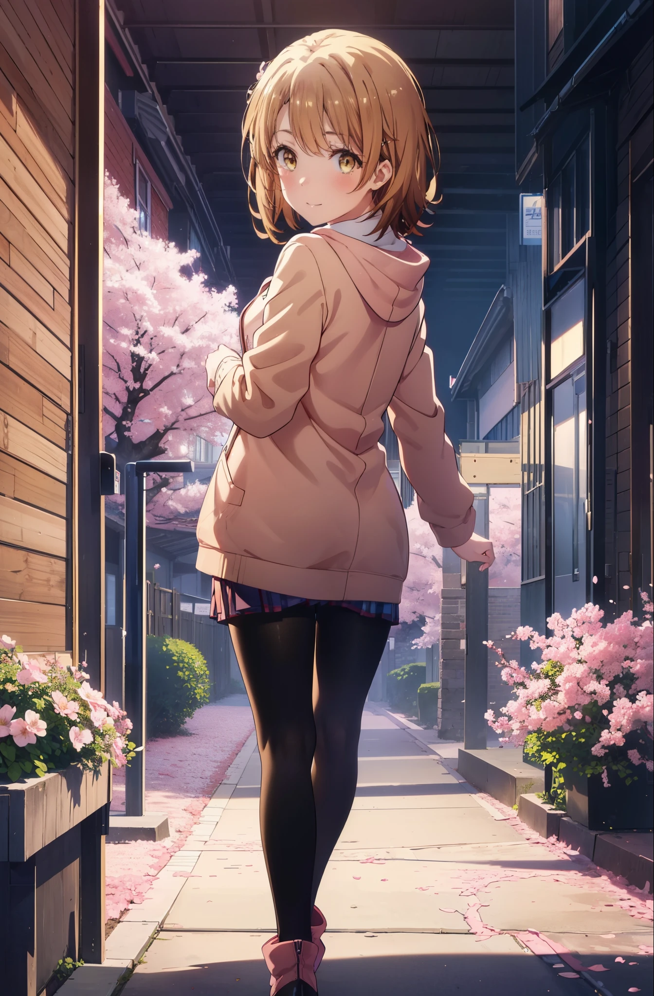 irohaisshiki, iroha isshiki, short hair, brown hair, (brown eyes:1.5), blush,smile,open your mouth,Pink hoodie wearing a hood,short pants,black tights,short boots,standing with one's back against the wall、Many cherry blossoms are blooming,Cherry blossoms are scattered,
break indoors, Cherry blossom tree-lined path,
break looking at viewer,
break (masterpiece:1.2), highest quality, High resolution, unity 8k wallpaper, (figure:0.8), (detailed and beautiful eyes:1.6), highly detailed face, perfect lighting, Very detailed CG, (perfect hands, perfect anatomy),