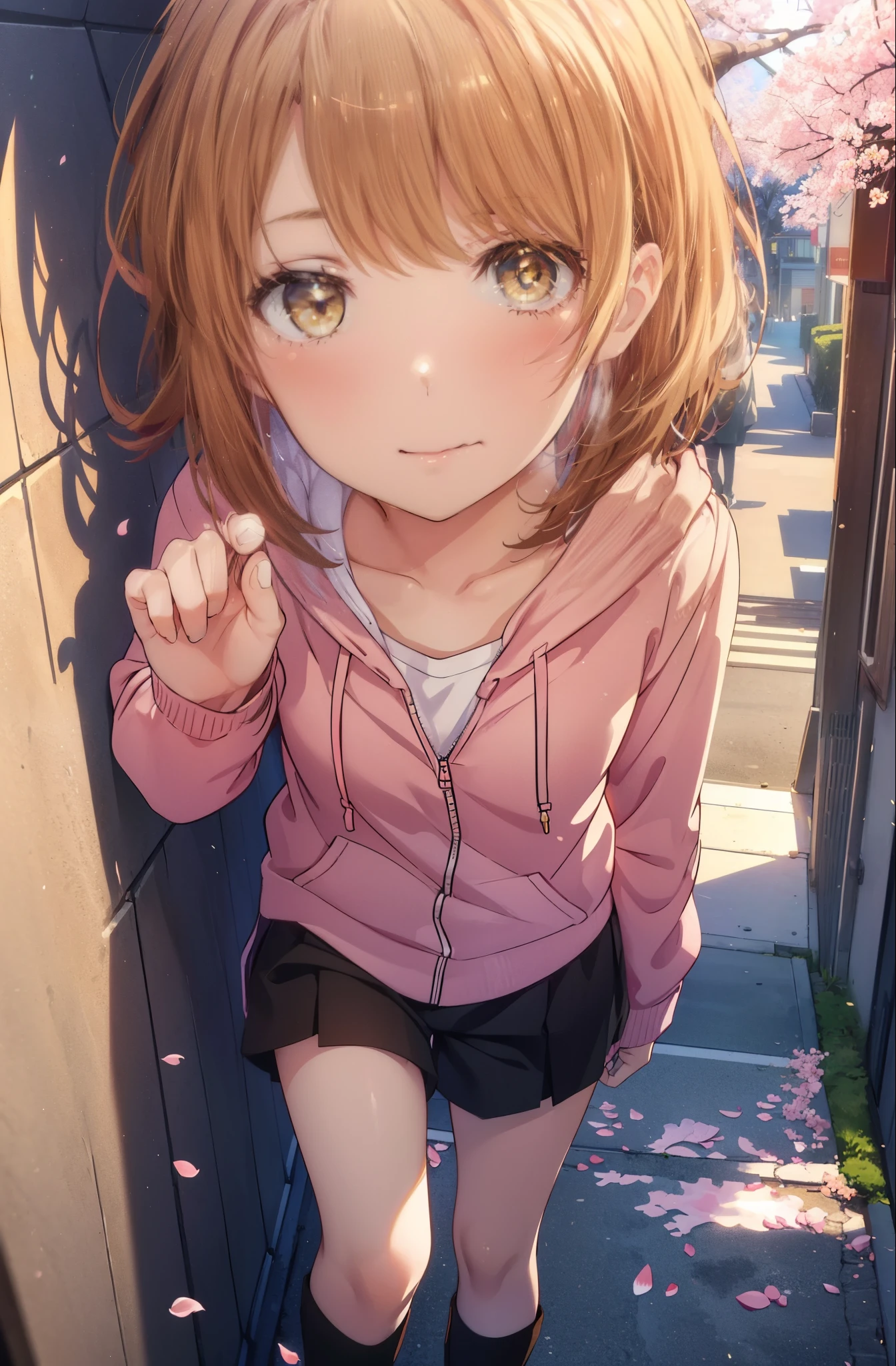 irohaisshiki, iroha isshiki, short hair, brown hair, (brown eyes:1.5), blush,smile,open your mouth,Pink hoodie wearing a hood,short pants,black tights,short boots,standing with one's back against the wall、Many cherry blossoms are blooming,Cherry blossoms are scattered,
break indoors, Cherry blossom tree-lined path,
break looking at viewer,
break (masterpiece:1.2), highest quality, High resolution, unity 8k wallpaper, (figure:0.8), (detailed and beautiful eyes:1.6), highly detailed face, perfect lighting, Very detailed CG, (perfect hands, perfect anatomy),