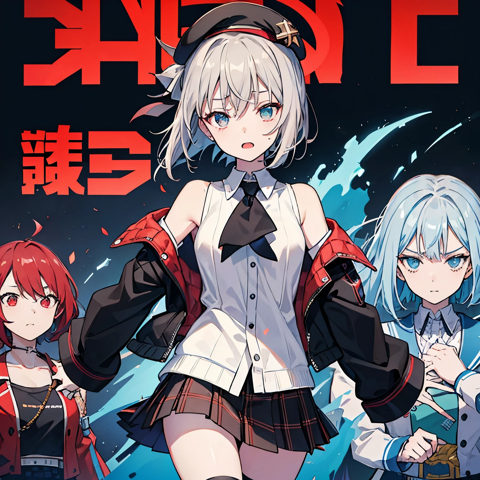 (((dramatic)))、(((rough)))、(((intense))))Movie poster features main character。She is shy in the center of the poster、wearing idol costumes、has a determined look。The background is dark and grainy、I feel like I'm drunk。テキストはBoldで目を引く、catchy slogans add to the overall drama and excitement。The color palette is dominated by dark colors.、Light-colored dotake your poster dynamic and visually impactful、Tachi- e(magazine:1.3)、(coverスタイル:1.3)、solo, red gradation streak hair, short hair, gray hair, Lillie(Waka), black beret, plaid skirt, choker, cyan sweater jacket, collared shirt, black plaid tie, sleeves that go over fingers, Brantbang、Snazzy、vibrant、clothing、Pause、front、Colorful、dynamic、With background、element、have confidence、Be expressive、fail、statement、attachment、majestic、coiled、surroundings、touch、scene、article、cover、Bold、to attract attention、title、fashion、font、catchy、title、big、to attract attention、modern、 trend、focusing、stylish、1 girl,mini skirt