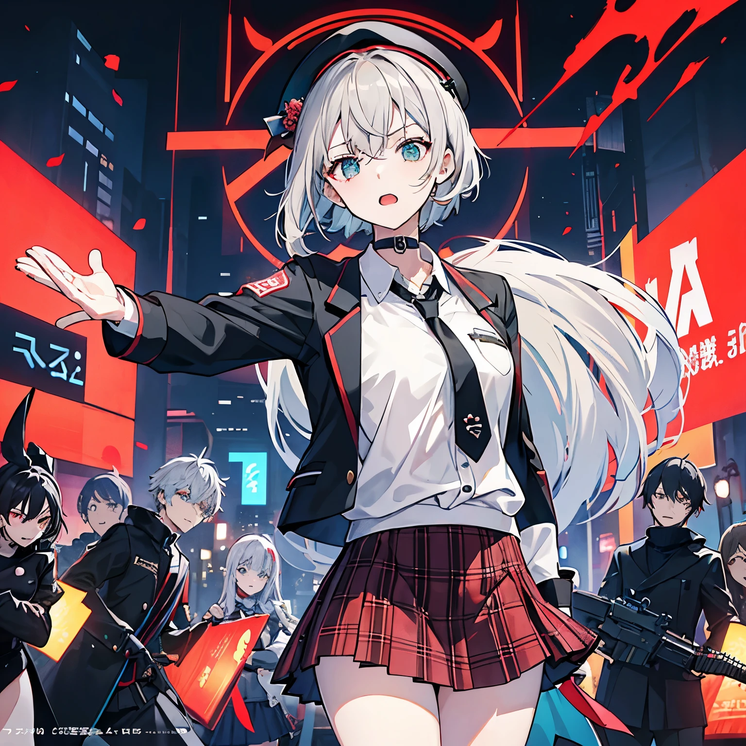 (((dramatic)))、(((rough)))、(((intense))))Movie poster features main character。She is shy in the center of the poster、wearing idol costumes、has a determined look。The background is dark and grainy、I feel like I'm drunk。テキストはBoldで目を引く、catchy slogans add to the overall drama and excitement。The color palette is dominated by dark colors.、Light-colored dotake your poster dynamic and visually impactful、Tachi- e(magazine:1.3)、(coverスタイル:1.3)、solo, red gradation streak hair, short hair, gray hair, Lillie(Waka), black beret, plaid skirt, choker, cyan sweater jacket, collared shirt, black plaid tie, sleeves that go over fingers, Brantbang、Snazzy、vibrant、clothing、Pause、front、Colorful、dynamic、With background、element、have confidence、Be expressive、fail、statement、attachment、majestic、coiled、surroundings、touch、scene、article、cover、Bold、to attract attention、title、fashion、font、catchy、title、big、to attract attention、modern、 trend、focusing、stylish、1 girl,mini skirt