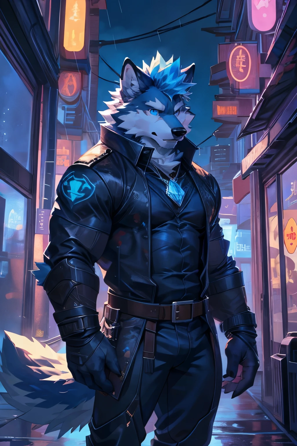 solo,anthro,furry,furry male, Wolf, ((fluffy fur,fluffy,furry body)), (dark gray fur, gray fur, ancient Wolf print), (white body), white mohawk, blue mohawk, blue eyes, short messy hair, tail, blue hair, sky blue eyes, detailed fluffy fur, Black Bodysuit, detailed face, detailed eyes, dark blue pants, blue trimming, blackbody suit, crest, crystal, blue pendant, detailed clothes, torn, detailed black bodysuit, decorative belt, gold straps, white muzzle, full body, muscular, (by null-ghost, by racoon21, masterpiece, high quality,hi-res,8k had), standing,close-view portrait, looking at viewer, outdoors, lights, sad expression, dark shadows, neon city, pose, rain, rooftop, over city, standing diagonally facing camera
