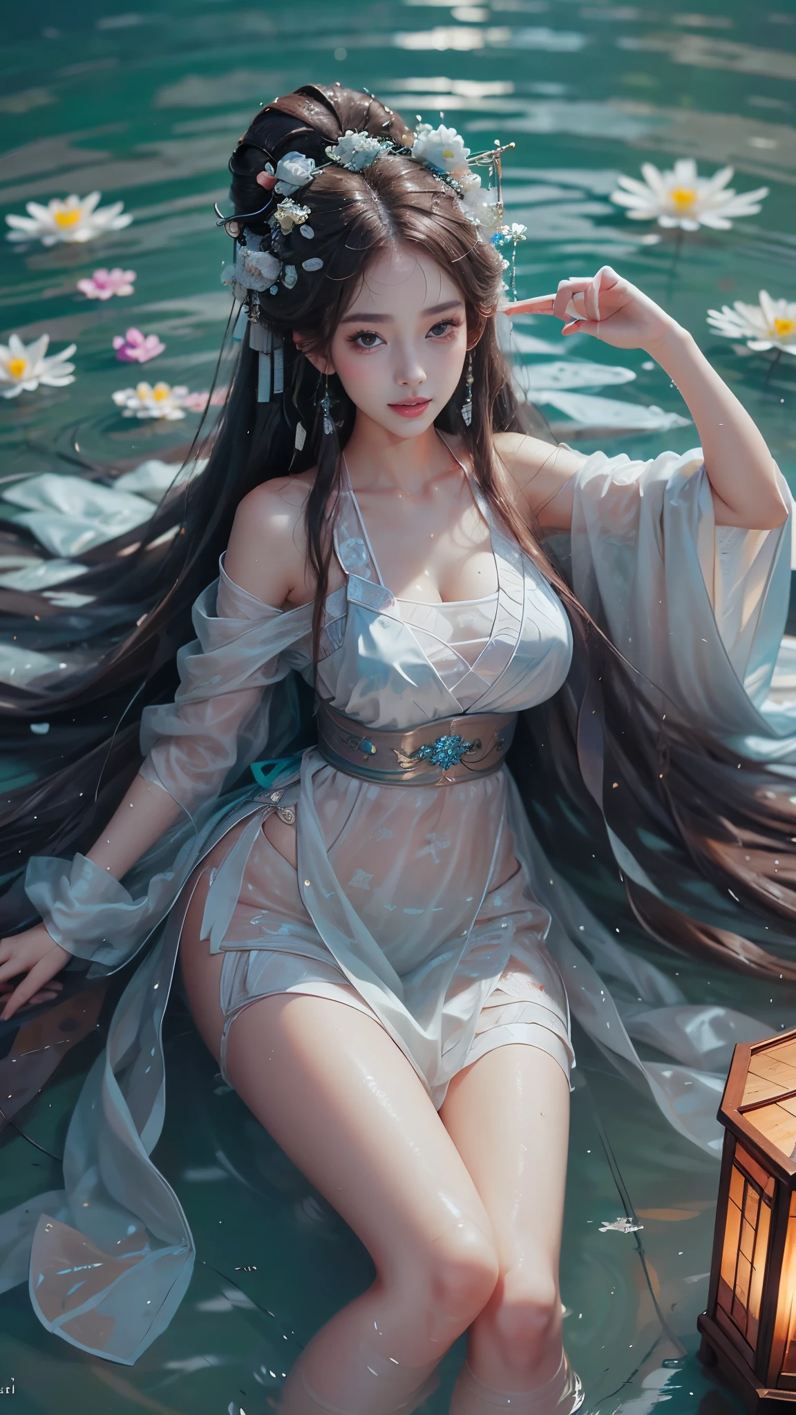 ((Aerial view)), 1girl, a very beautiful woman, plump slim woman, correct limbs, right hand, in the darkness, ((float的,water,float)), ((lying down)), ((躺在池塘里玩water)), night, night view, moonlight, quaint buildings, bamboo huts, plant, The whole body is soaked, wet hair, pretty face, masterpiece, original photo, best quality, detail, lifelike, Very detailed, official art, (extremely beautiful face, beautiful lips, What beautiful big eyes), detail的脸, plump breasts, split, Slender sexy legs, 腿漏water, very nice legs, sexy pose, grace, bright smile, Show off your exquisite figure and graceful curves, Ray tracing