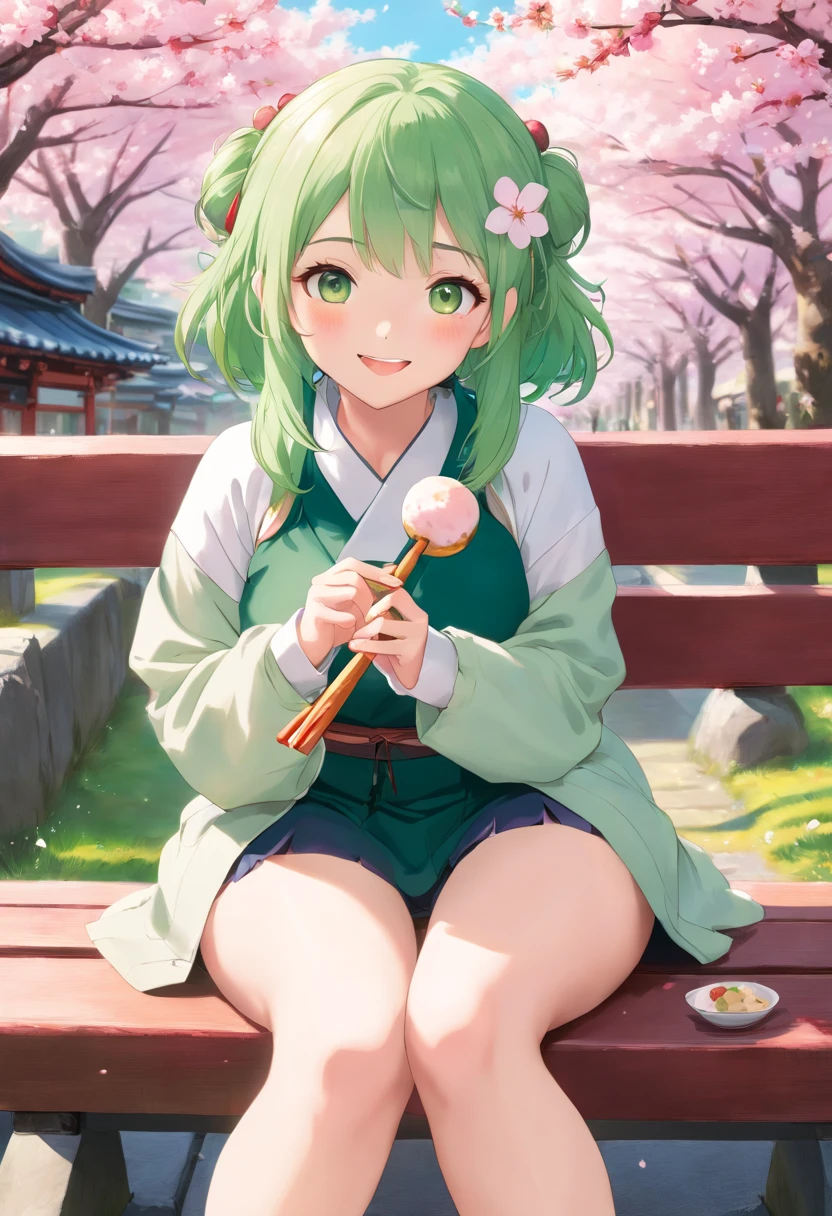 ultra realistic 8k cg, Masterpiece, ((Ultra detailed backgrounds, Delicate pattern, intricately details)), (Highly detailed, Fine details), Best quality, 1girll, (Photorealistic:1.4),Beautiful lighting, hoeing lap, RAW photo, film grain, 1girll, solo, Smile, longer sleeves, Japanese clothes, Large breasts, High school uniform, green thigh-highs, zettai ryouiki, (two tone colour hair, Pink hair, Green hair), Green eyes, White Snake, sitting on a Japanese bench, outside, under a Cherry blossom, eating Sakura dango dumplings, happy, smiling, camera sided view, 12 feet away from the subject, sakura leaves, near the camera