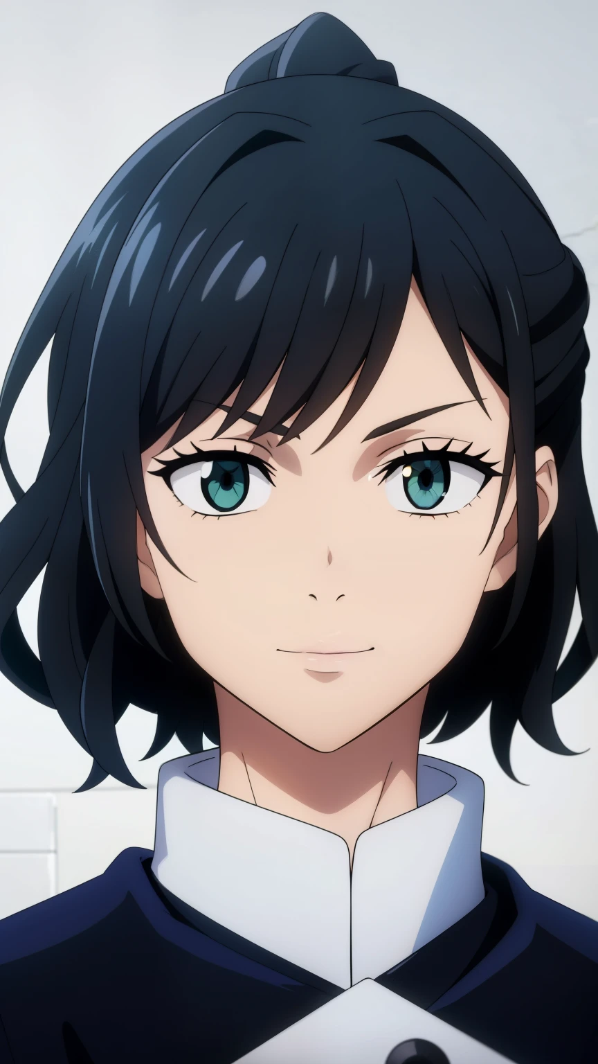 (high-quality, breathtaking),(expressive eyes, perfect face) 1girl, female, solo, teenager, black hair, bright meadow green eye color, short hair length, looking at viewer, half body, bright smile, kind face, cheerful expression, slightly tanned skin, dark black blue long sleeved shirt, collared shirt, dark black blue pants, jujutsu kaisen uniform, jujutsu high school uniform, flowy hair, feminine face, wavy curly hair, grey background, portrait, Elysia inspired hairstyle, small sunflower, stylized hairstyle
