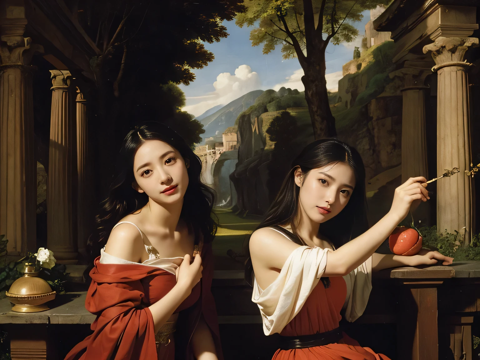 Giorgione painting style,Arguments of two female Philosophe,math、astronomical machine、astronaut、roses in vase、fruits、Cute trinkets、smile、ancient greek costume、Background is a forest lake at night 、Clothes that stretch your shoulders、A big smile、beautiful bare skin、A detailed representation of the seducing woman throughout her body.full body portrait, Ancient Roman ruins, Poussin-style landscape at night, A smile, , Sweet and seductive appearance.、Caravaggio's paintings、Chiaroscuro of Caravaggio、Hair disheveled in the wind, Two women frolicking, Cute smile, Expression of ecstasy, A sexy, Erotic