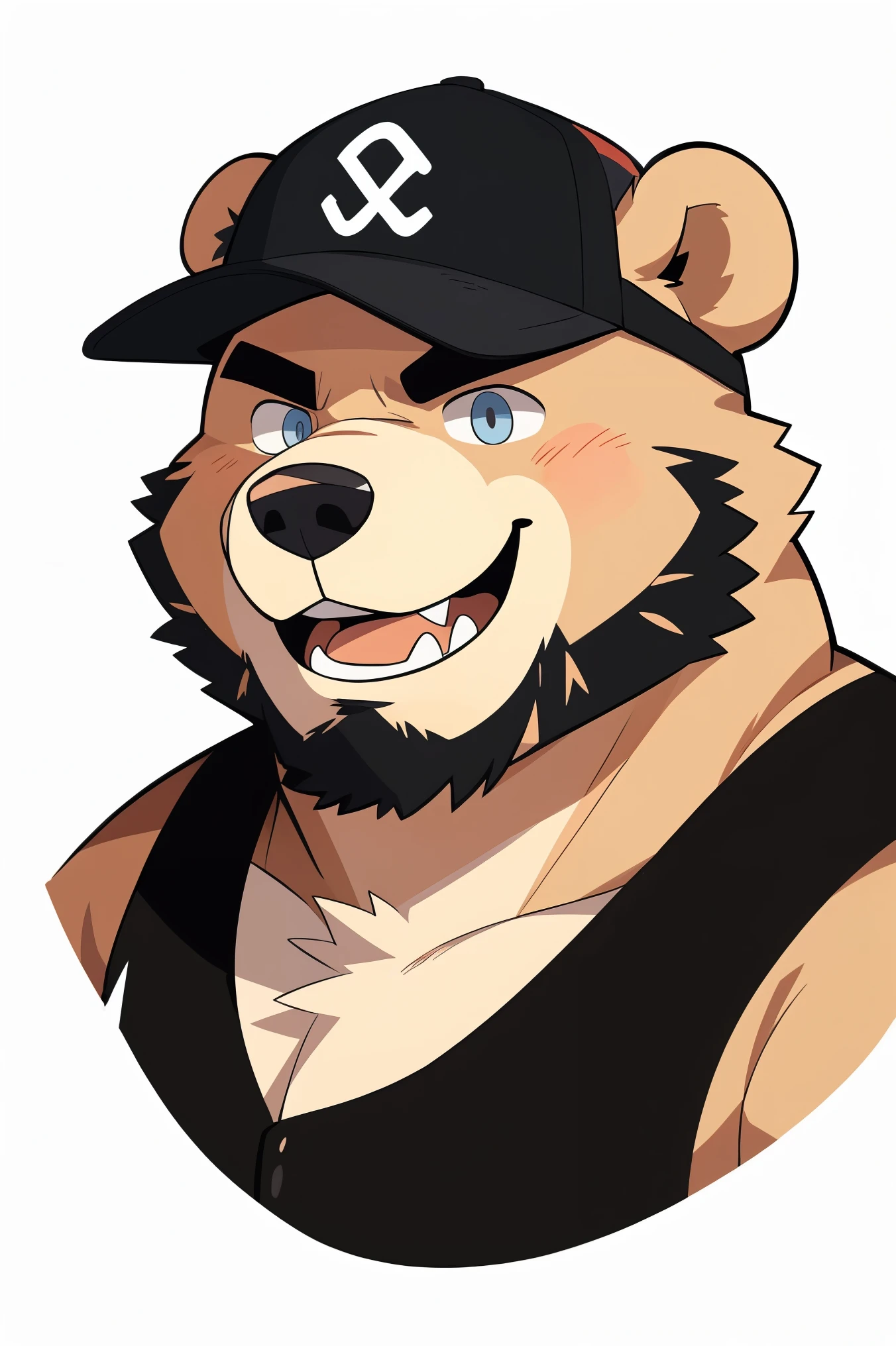 solo, Chubby, furry,male , (((with baseball cap))), with tank top, ((anthro bear, very plump, middle aged)) , no beard under nose,Thick beard, seductive , detailed , extremely hot and sexy, clear detailed expressions (detailed eyes and mouth), No color, color only white and black, Stick figure, portrait, headshot, calm expression (soft smile), character sprite, cartoony, eye level camera, by hyaku ,by darkgem, by glitter trap boy, Face restoration (Perfect mouth，Correct mouth structure，perfect eyes，Correct eye structure, correct lower lip, The right teeth, perfect teeth)