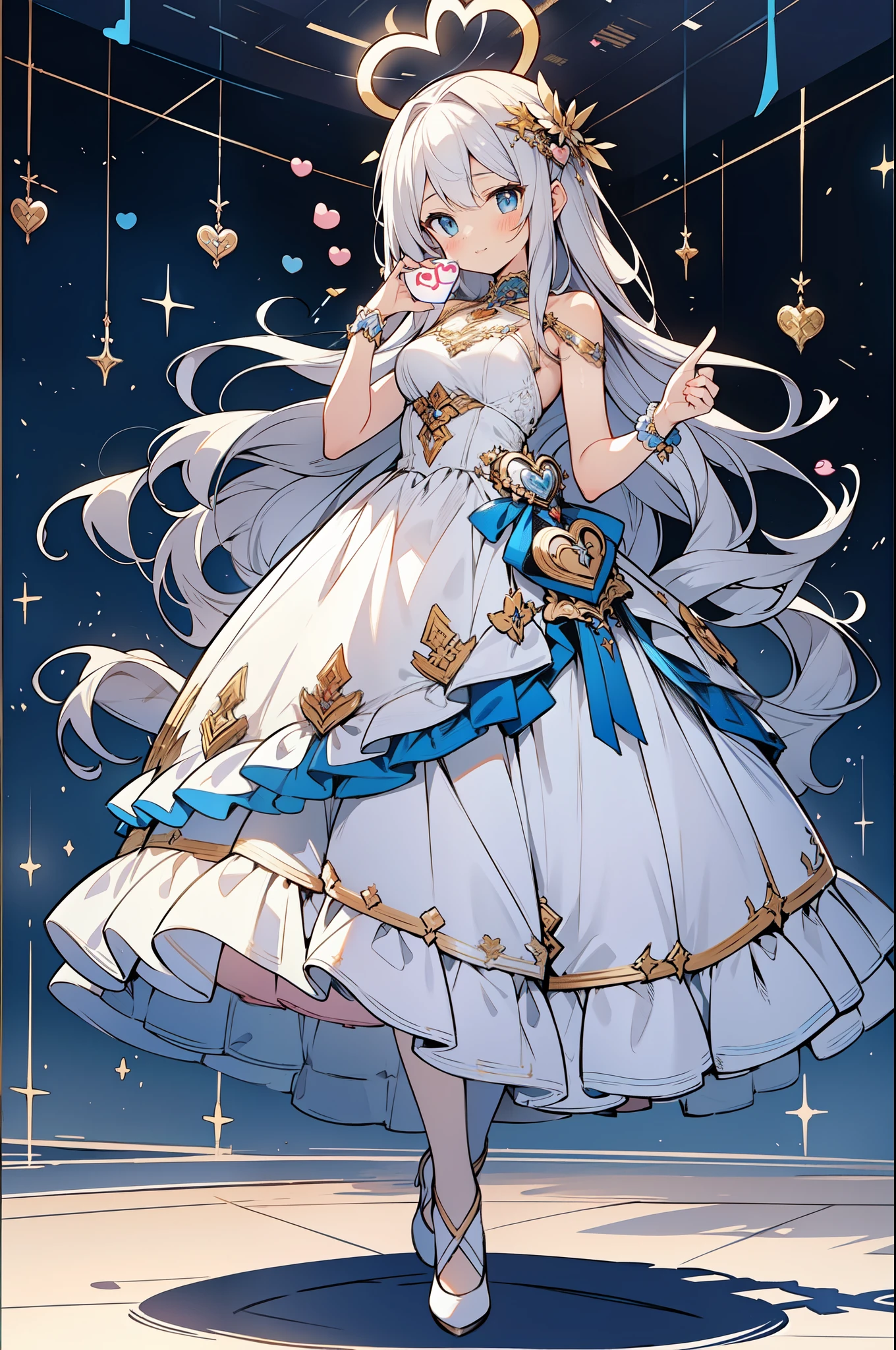 ((masterpiece )), (highest quality), (highest quality), ((super detailed, 8K quality)), aesthetics, cinematic lighting, (detailed line drawing), beautiful digital artwork, exquisite digital illustration, disorganized, (Best configuration), (High resolution),
Super detailed illustration、super cute face、beautiful woman、silver extra super long hair,
((((heart shaped halo)))),
(((goddess of love and war,
divine idol costume,ultimate idol ))),full body illumination,ceiling,
