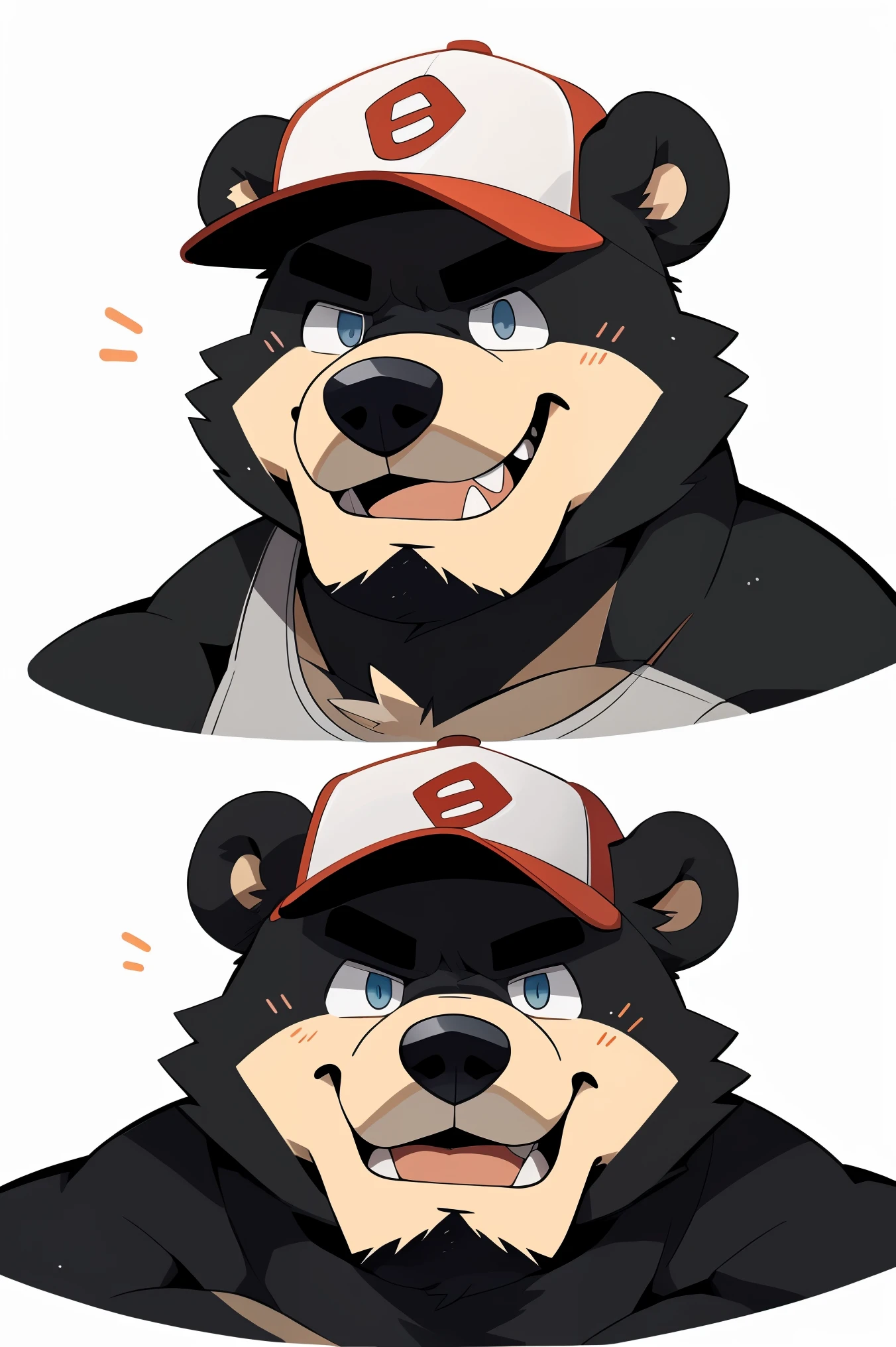 solo, Chubby, furry,male , (((with baseball cap))), with tank top, ((anthro bear, very plump, middle aged)) , no beard under nose,Thick beard, seductive , detailed , extremely hot and sexy, clear detailed expressions (detailed eyes and mouth), No color, color only white and black, Stick figure, portrait, headshot, calm expression (soft smile), character sprite, cartoony, eye level camera, by hyaku ,by darkgem, by glitter trap boy, Face restoration (Perfect mouth,Correct mouth structure,perfect eyes,Correct eye structure, correct lower lip, The right teeth, perfect teeth)