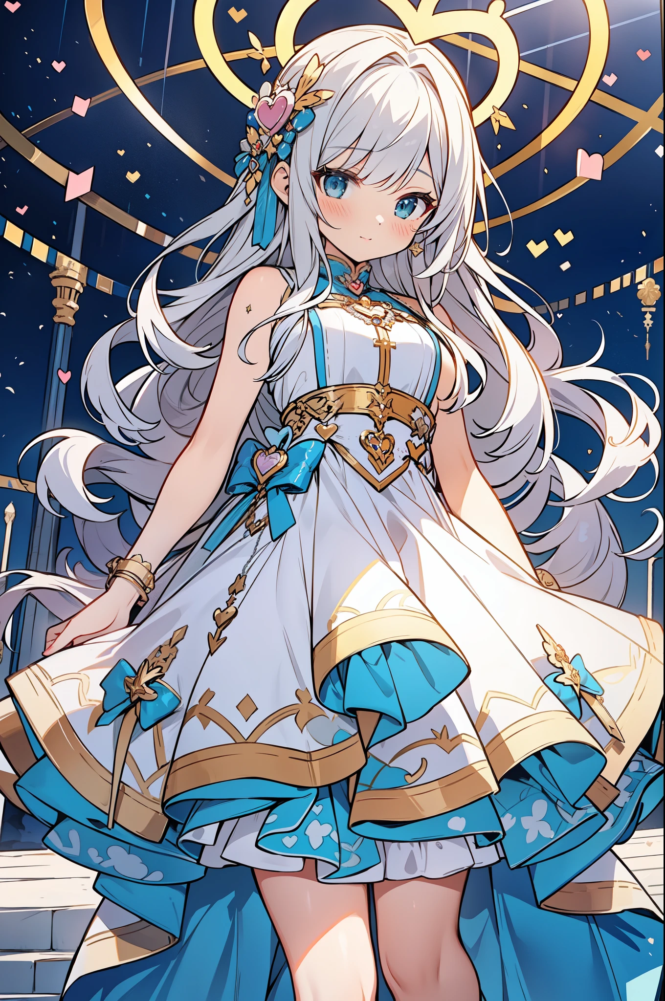 ((masterpiece )), (highest quality), (highest quality), ((super detailed, 8K quality)), aesthetics, cinematic lighting, (detailed line drawing), beautiful digital artwork, exquisite digital illustration, disorganized, (Best configuration), (High resolution),
Super detailed illustration、super cute face、beautiful woman、silver extra super long hair,
((((heart shaped halo)))),
(((goddess of love and war,
divine idol costume,ultimate idol ))),full body illumination,ceiling,
