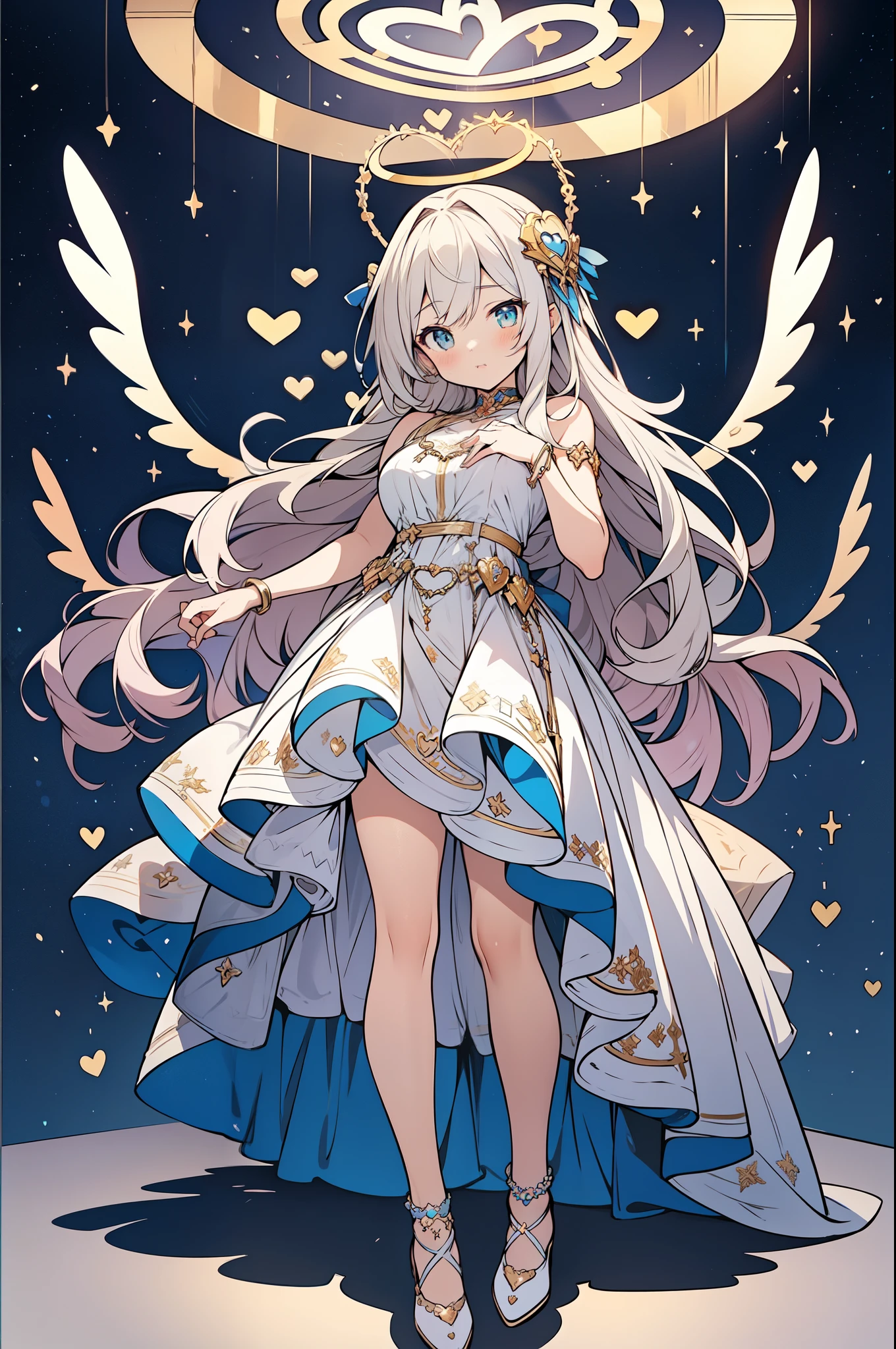 ((masterpiece )), (highest quality), (highest quality), ((super detailed, 8K quality)), aesthetics, cinematic lighting, (detailed line drawing), beautiful digital artwork, exquisite digital illustration, disorganized, (Best configuration), (High resolution),
Super detailed illustration、super cute face、beautiful woman、silver extra super long hair,
((((heart shaped halo)))),
(((goddess of love and war,
divine idol costume,ultimate idol ))),full body illumination,ceiling,