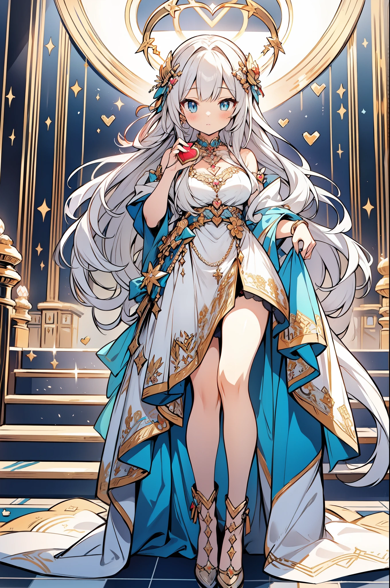 ((masterpiece )), (highest quality), (highest quality), ((super detailed, 8K quality)), aesthetics, cinematic lighting, (detailed line drawing), beautiful digital artwork, exquisite digital illustration, disorganized, (Best configuration), (High resolution),
Super detailed illustration、super cute face、beautiful woman、silver extra super long hair,
(((goddess of love and war,
divine idol costume,heart shaped halo,ultimate idol ))),full body illumination,ceiling,