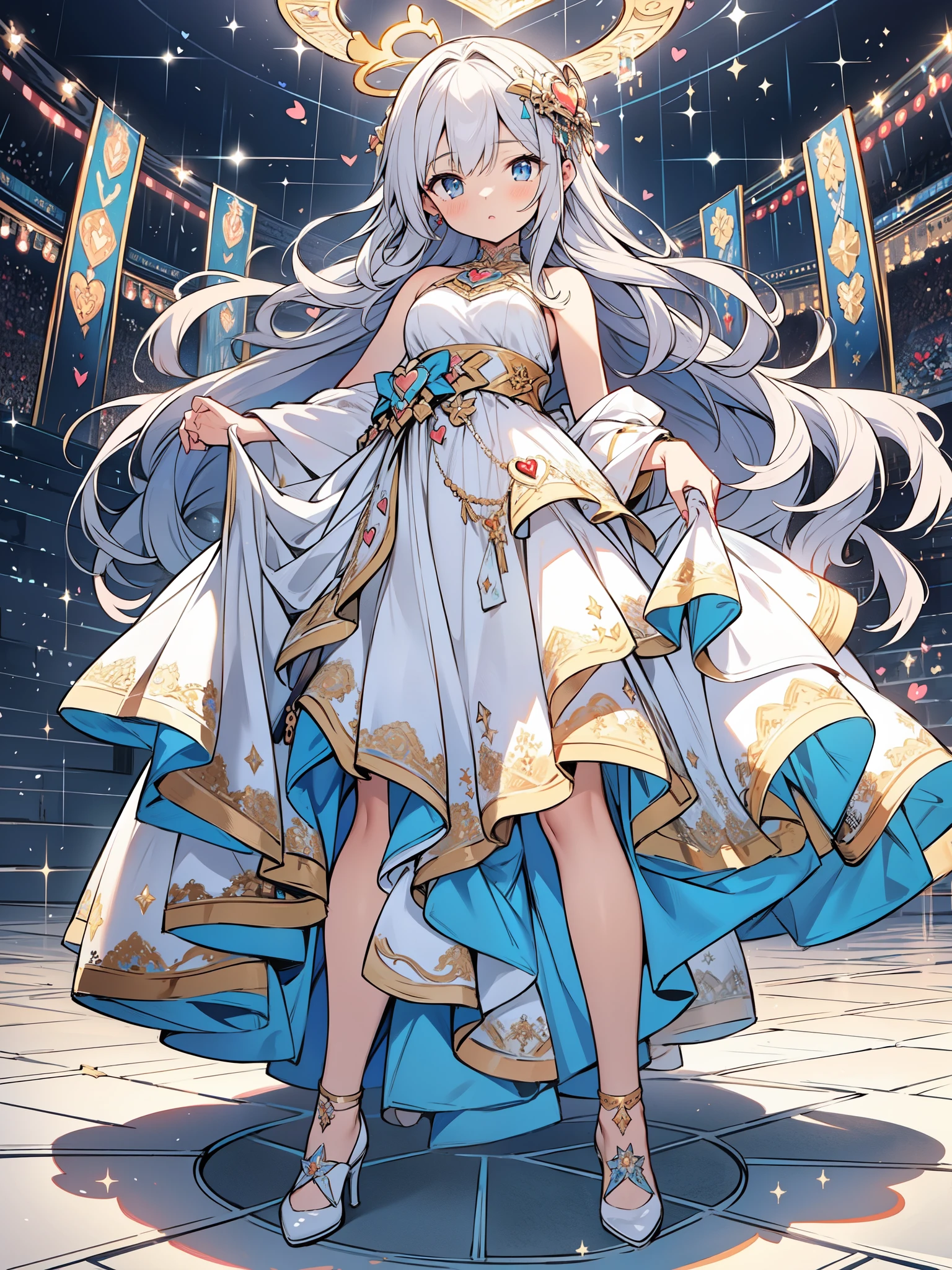 ((masterpiece )), (highest quality), (highest quality), ((super detailed, 8K quality)), aesthetics, cinematic lighting, (detailed line drawing), beautiful digital artwork, exquisite digital illustration, disorganized, (Best configuration), (High resolution),
Super detailed illustration、super cute face、beautiful woman、silver extra super long hair,
(((goddess of love and war,
divine idol costume,heart shaped halo,ultimate idol ))),full body illumination,