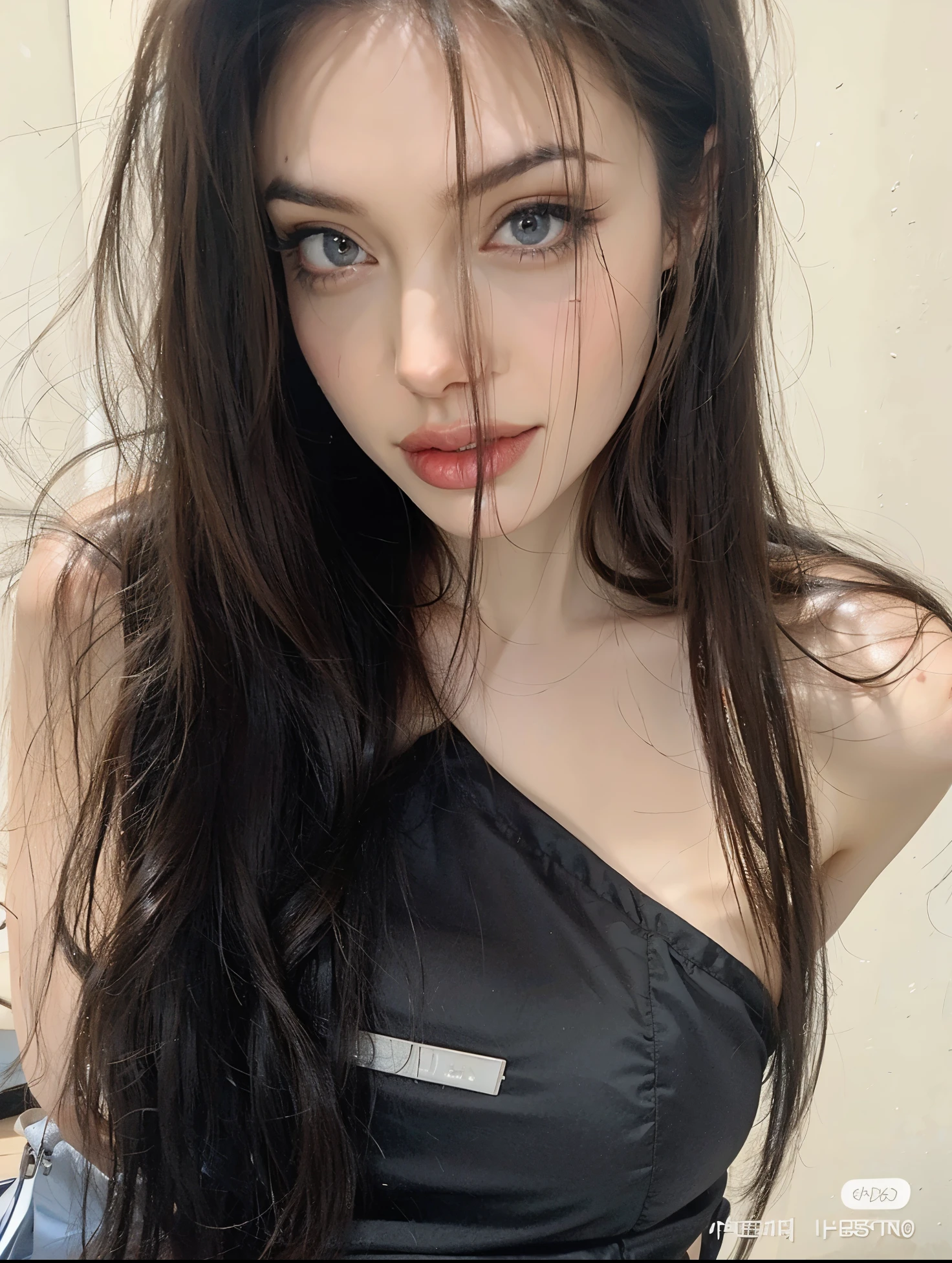 Asian woman wearing long black hair and a black top., cruel korean gothic girl, con cabello largo e olhos penetrantes, ulzzang, pale gothic beauty, pale skin and dark eyes, pale and light skin!!, con cabello largo, with pale skin, she is about , pale porcelain white skin, pale ivory skin, con pelo largo y oscuro