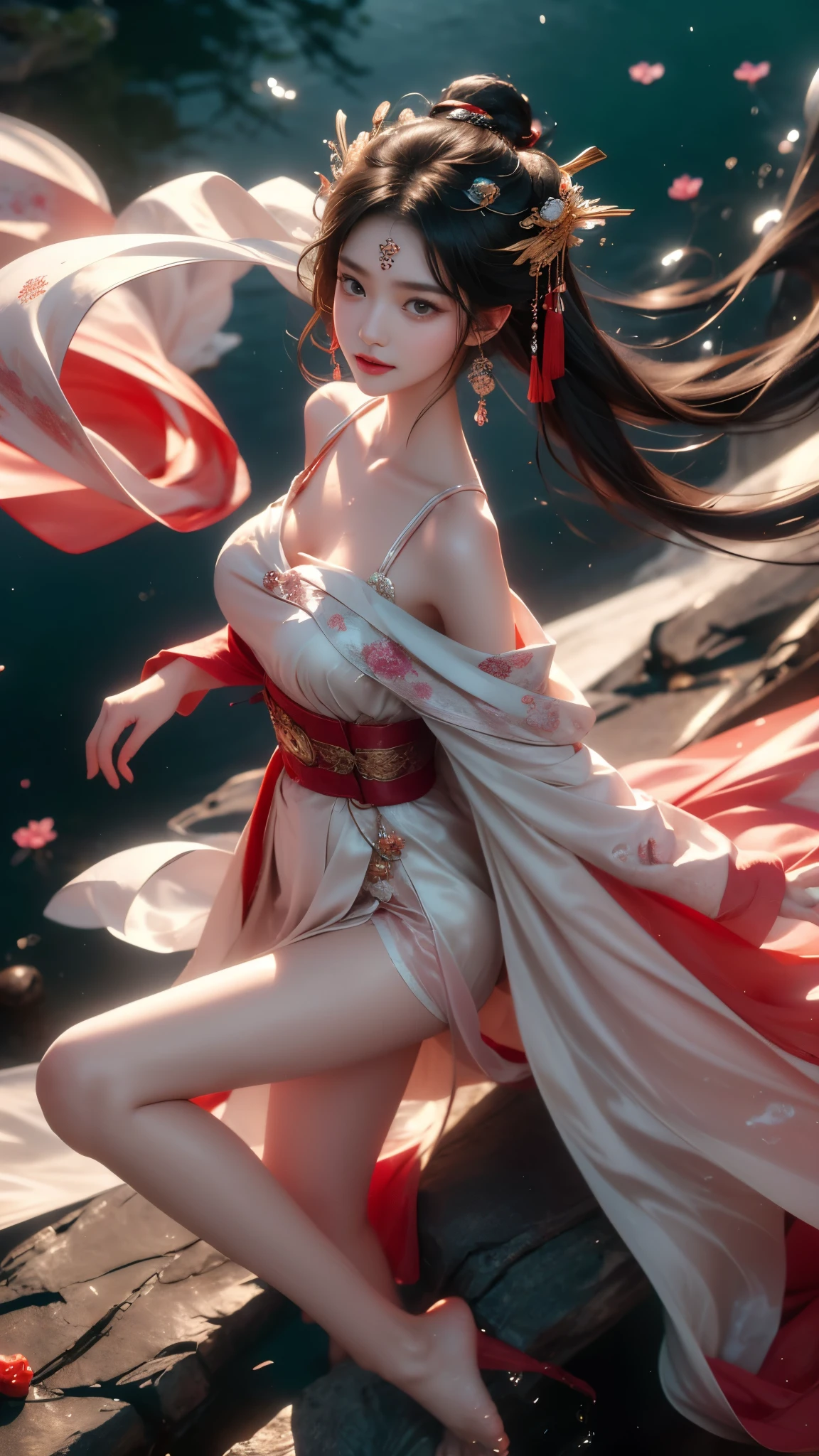 (masterpiece, best quality:1.2), 1girl, solo, ((gufeng,bare shoulders)), Warm colors,((full body)), ((from above)), ((float的,water,float)), figure of heroine，Slender sexy legs，very beautiful legs，Leaking sexy legs，Big breasts，beauty, mystery。脸庞beauty精致，Otherworldly beauty。The bridge of the nose is straight，Lip color like cherry，Confident and calm。face chiseled，Skin as fair as jade，Makeup is light and delicate，Show her temperament and charm。Light foundation, Transparency of skin，perfect eyebrow shape，eye makeup,eye shadow,Eyeliner，Eyes are brighter and more energetic。涂上grace的口红，Charm and sophistication。衣服grace别致，Clothes flutter，Blown up by the wind，drifting into the distance。grace，Swinging action。Hair tied haphazardly behind the head，Secure it with a hosta，Strands of hair flutter gently in the wind，一道beauty的风景线，Attract attention。beauty、grace、mystery