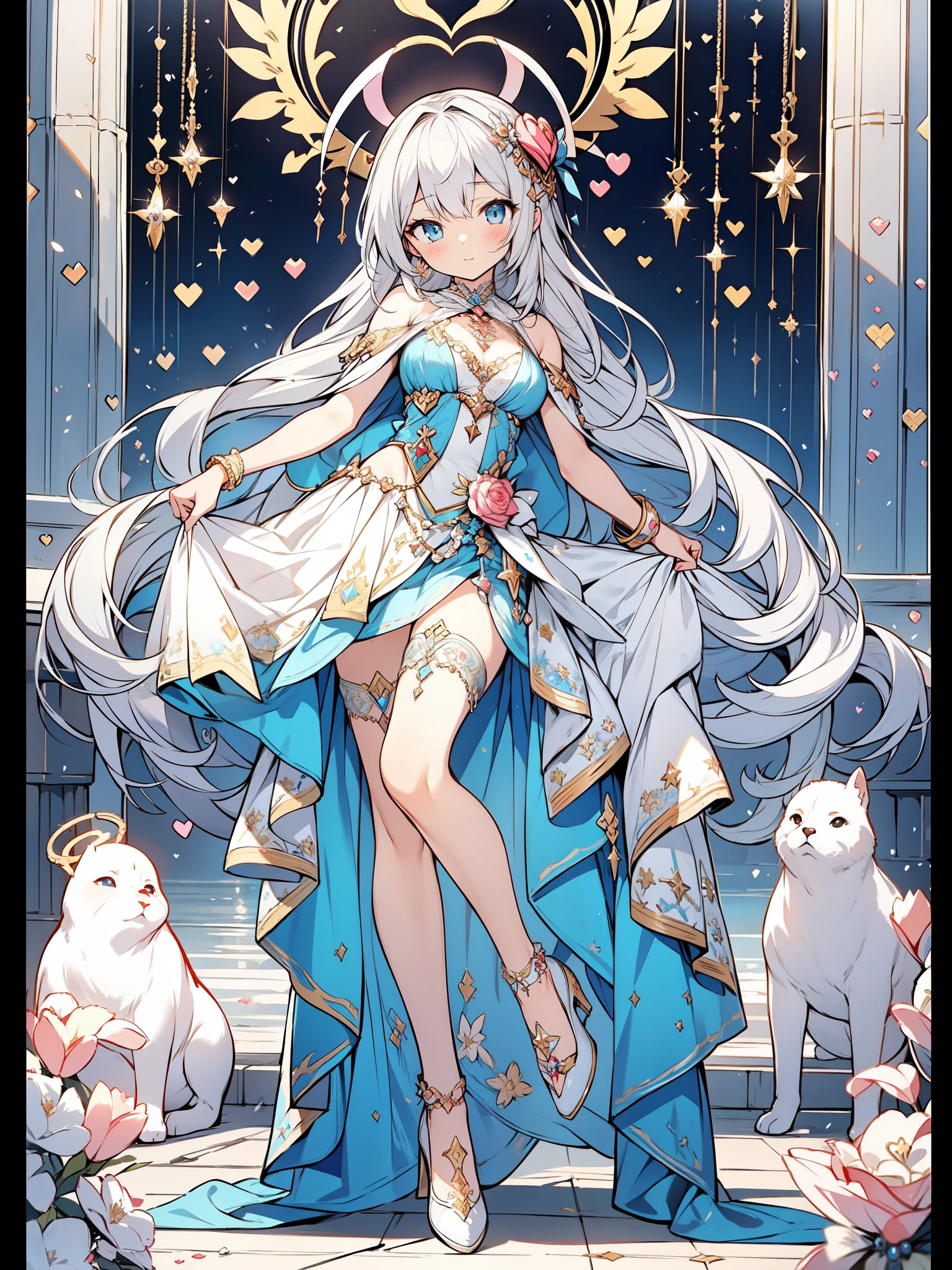 ((masterpiece )), (highest quality), (highest quality), ((super detailed, 8K quality)), aesthetics, cinematic lighting, (detailed line drawing), beautiful digital artwork, exquisite digital illustration, disorganized, (Best configuration), (High resolution),
Super detailed illustration、super cute face、beautiful woman、silver extra super long hair,
(((goddess of love and war,
divine idol costume,heart shaped halo,ultimate idol ))),full body illumination,