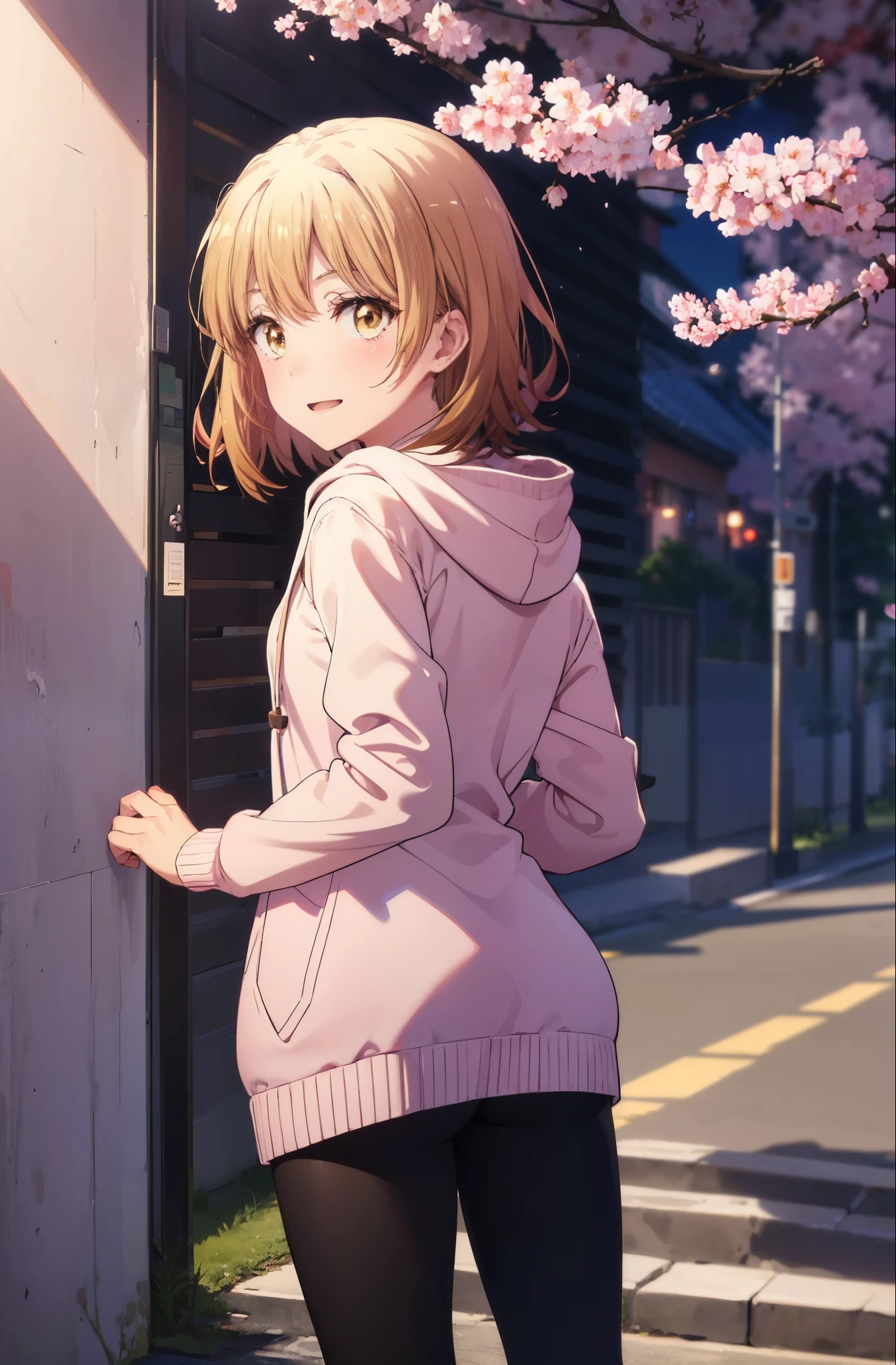 irohaisshiki, iroha isshiki, short hair, brown hair, (brown eyes:1.5), blush,smile,open your mouth,Pink hoodie wearing a hood,short pants,black tights,Knee-high boots,standing with one's back against the wall,Many cherry blossoms are blooming,Cherry blossoms are scattered,
break indoors, Cherry blossom tree-lined path,
break looking at viewer,
break (masterpiece:1.2), highest quality, High resolution, unity 8k wallpaper, (figure:0.8), (detailed and beautiful eyes:1.6), highly detailed face, perfect lighting, Very detailed CG, (perfect hands, perfect anatomy),