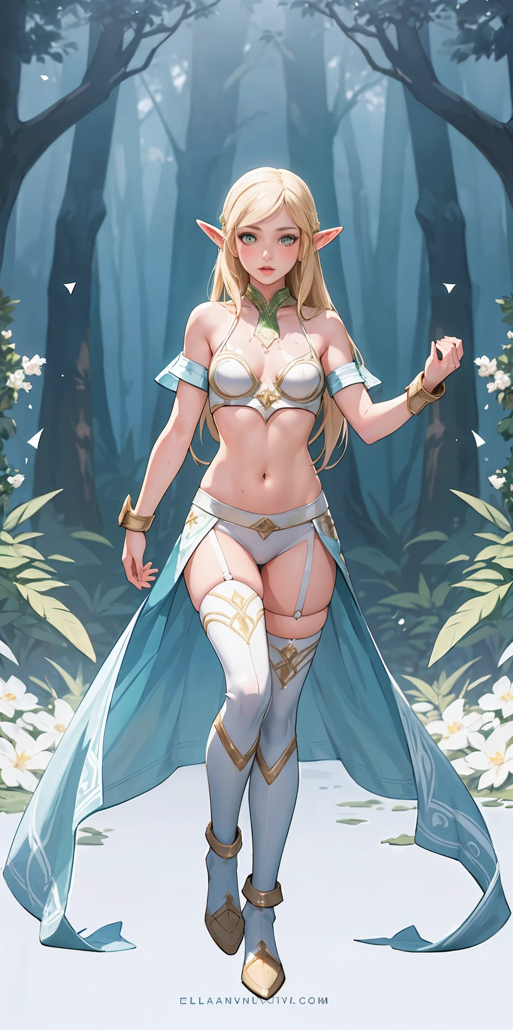 (masterpiece, best quality), (full body:1.6), standing (small fighting elven 1girl:1.6),(magical),(cute,adorable:1.3),blonde hair, green eyes, medium breast, beautiful, detailed, enchanted breastplate with precious gemstones, white thigh-high greaves, seductive pose, in a forest, magic flora, detailed face and eyes, volumetric light,(ultra quality skin:1.7),