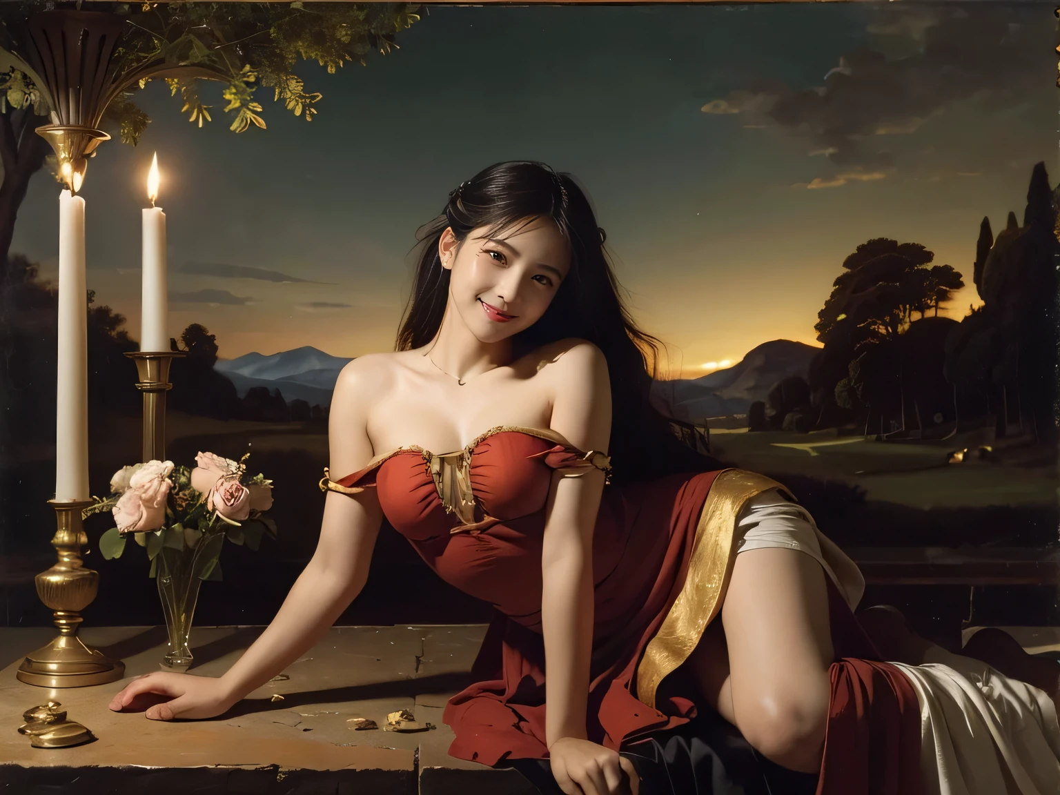 Giorgione painting style,Arguments of two female Philosophe,math、astronomical machine、astronaut、roses in vase、fruits、Cute trinkets、smile、ancient greek costume、Background is a forest lake at night 、Clothes that stretch your shoulders、A big smile、beautiful bare skin、A detailed representation of the seducing woman throughout her body.full body portrait, Ancient Roman ruins, Poussin-style landscape at night, A smile, , Sweet and seductive appearance.、Caravaggio's paintings、Chiaroscuro of Caravaggio、Hair disheveled in the wind, Two women frolicking, Cute smile, Expression of ecstasy, A sexy, Erotic