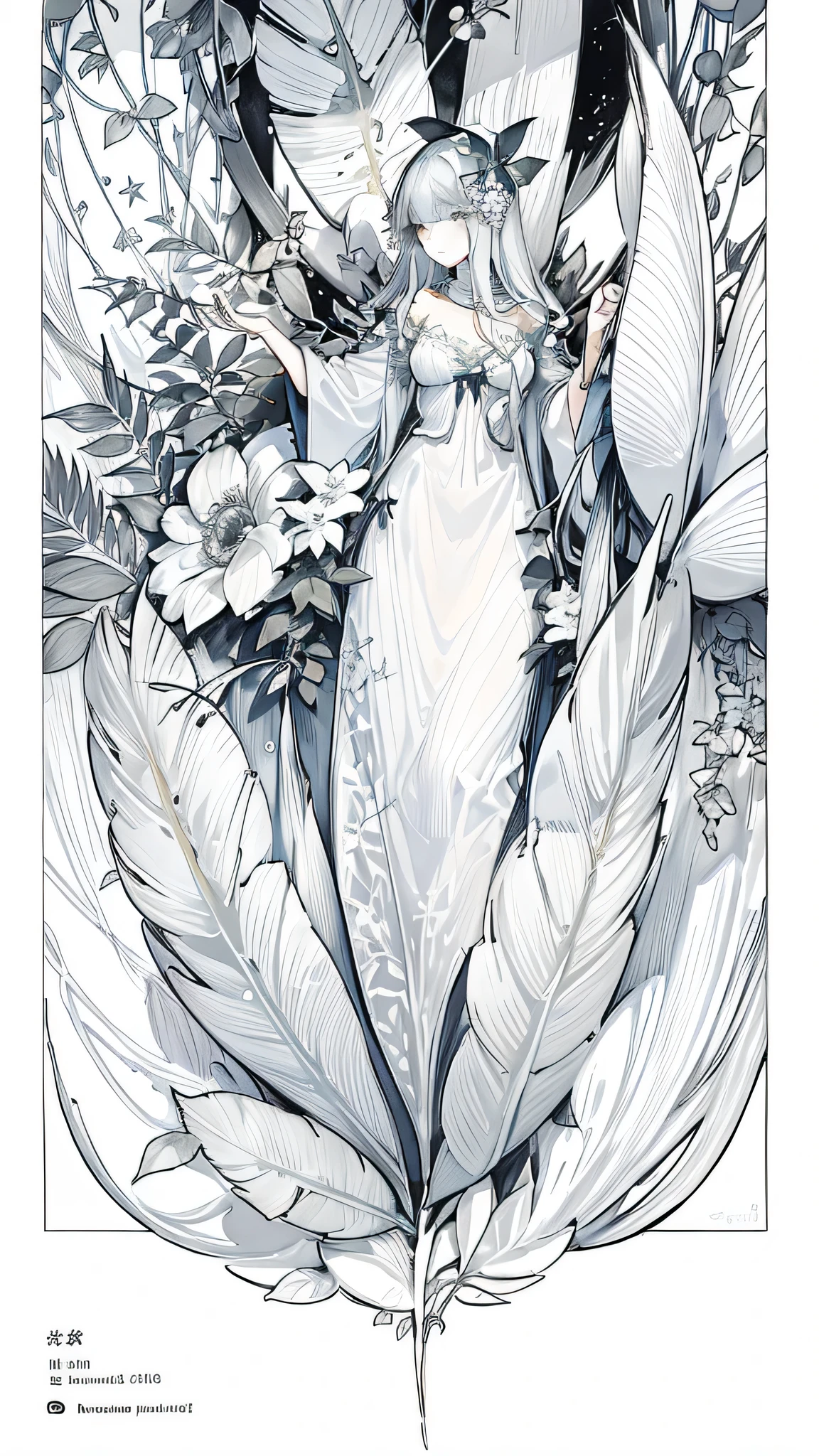 Black and white drawing of garland and leaves, Coloring - on paper, plant poster, Full page illustration, Very detailed strokes, Large leaf, plant leaves, Clean ink draws detailed lines, Very detailed strokes, Large leaf, The leaves are very delicate., Detailed plants, flower whorl leaves, Line work instructions, Wired work, The lines are extremely detailed