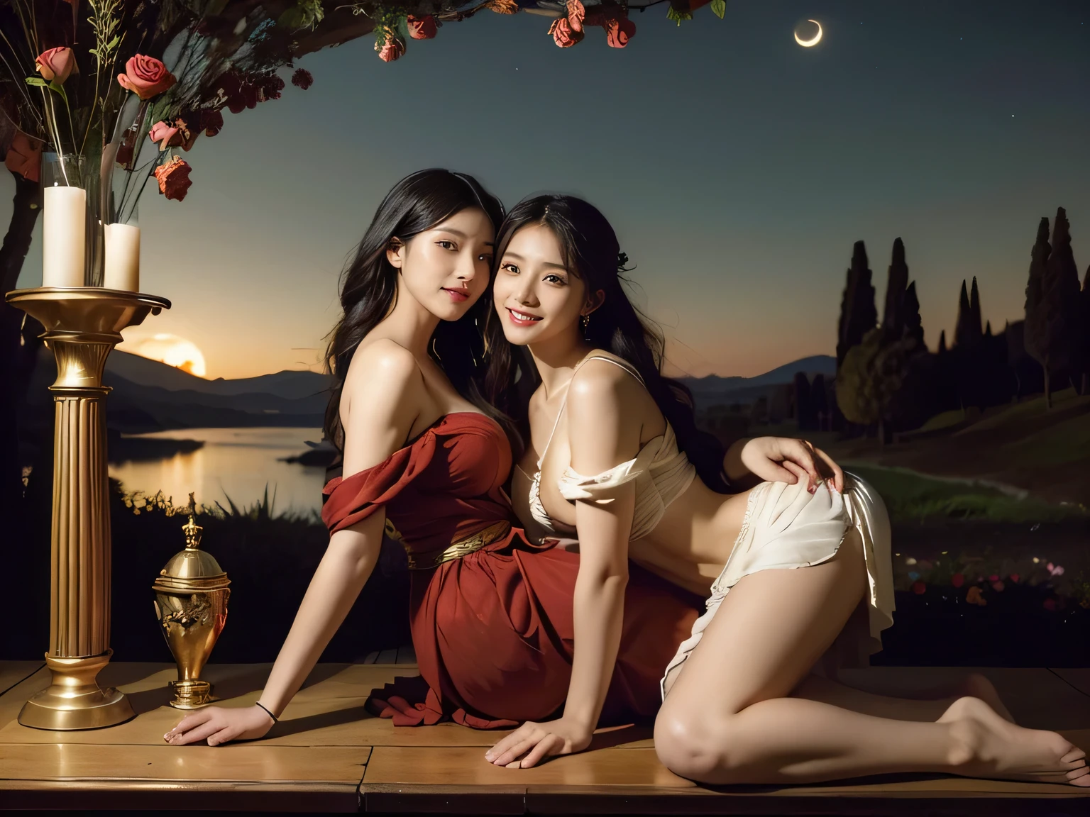 Giorgione painting style,Arguments of two female Philosophe,math、astronomical machine、astronaut、roses in vase、fruits、Cute trinkets、smile、ancient greek costume、Background is a forest lake at night 、Clothes that stretch your shoulders、A big smile、beautiful bare skin、A detailed representation of the seducing woman throughout her body.full body portrait, Ancient Roman ruins, Poussin-style landscape at night, A smile, , Sweet and seductive appearance.、Caravaggio's paintings、Chiaroscuro of Caravaggio、Hair disheveled in the wind, Two women frolicking, Cute smile, Expression of ecstasy, A sexy, Erotic 