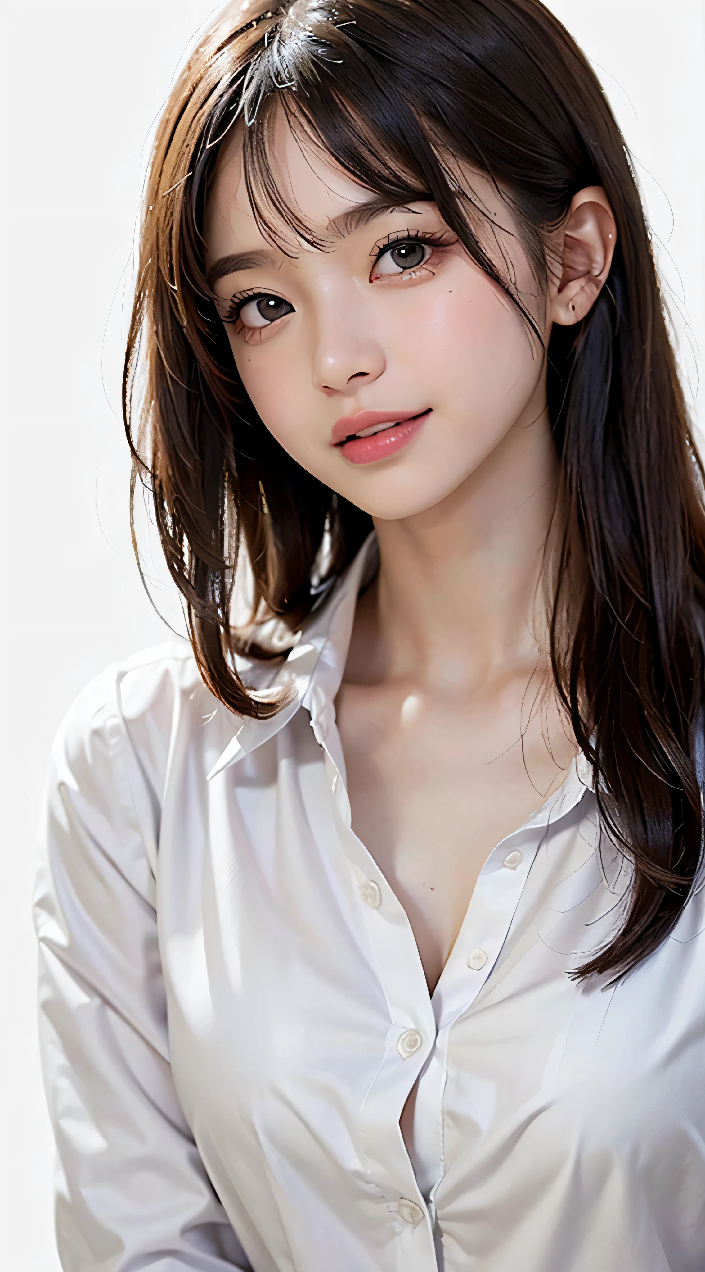 Beautiful and attractive woman with fashion trends、beautiful and attractive chinese woman、Korean(KPOP Idol)、delicate and sexy clavicle、attractive oval face、double eyelid、smart[peach]flower eyes、pink lips、small nose、naked shoulders、focus on the face、[close up of face]、Ultra high definition、Super detailed、white off shoulder lace shirt、((white lace panties)、fresh and impressive、 natural(big:1.25)、(kneel on the ground)、(open your legs wide)、(spread your legs)、(From Low Angle)、(upright 1.5)、(Teya skin:1.4)、(Low - Angle)、perfect body shape、areola、cleavage、wrinkles under the armpits、(NSFW:1.05)、(Showpiece、Highest image quality、High precision))、one girl、(Big Kii、photorealistic:1.4)、(slightly above the camera、look up camera、look up、look upカメラ、stare at the camera))、solo、solo、white background、pure white background、close your mouth、happy smile、beautiful black hair、short hair、Big eyes、distinct double eyelid、eyelash、Put one &#39;ear out&#39;、long neck、long neck、absolute area、((close up of face、short hair with bangs))、19 years old、attractive proportions、shiny skin、beautiful clavicle、golden ratio face、perfect face、tearful mole、bangs、pretty bangs、beautiful bangs、lip gloss、thin lips、white skin、naked、small face、Raise your head slightly and look at the camera、((smile a little for the camera、Pure white background with nothing really、Medium chest)、(((((uniform、shirt))))
