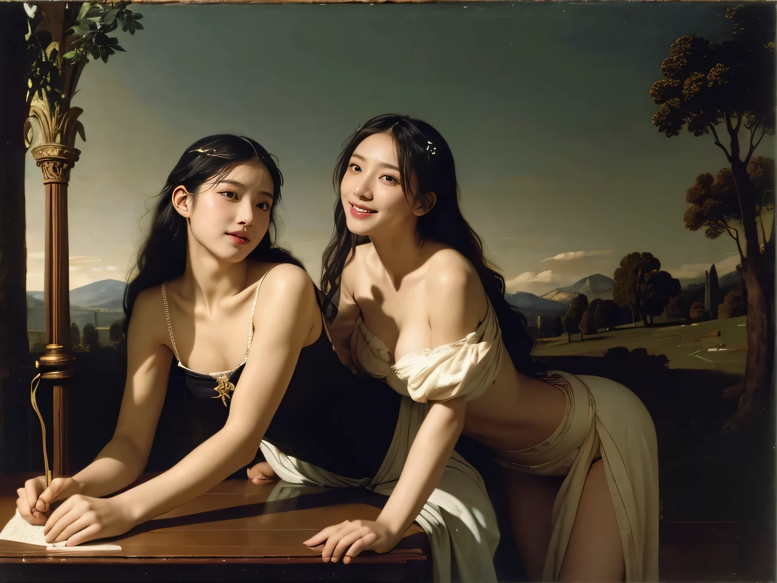 Giorgione painting style,Arguments of two female Philosophe,math、astronomical machine、astronaut、roses in vase、fruits、Cute trinkets、smile、ancient greek costume、Background is a forest lake at night 、Clothes that stretch your shoulders、A big smile、beautiful bare skin、A detailed representation of the seducing woman throughout her body.full body portrait, Ancient Roman ruins, Poussin-style landscape at night, A smile, , Sweet and seductive appearance.、Caravaggio's paintings、Chiaroscuro of Caravaggio、Hair disheveled in the wind, Two women frolicking, Cute smile, Expression of , A sexy, Eic