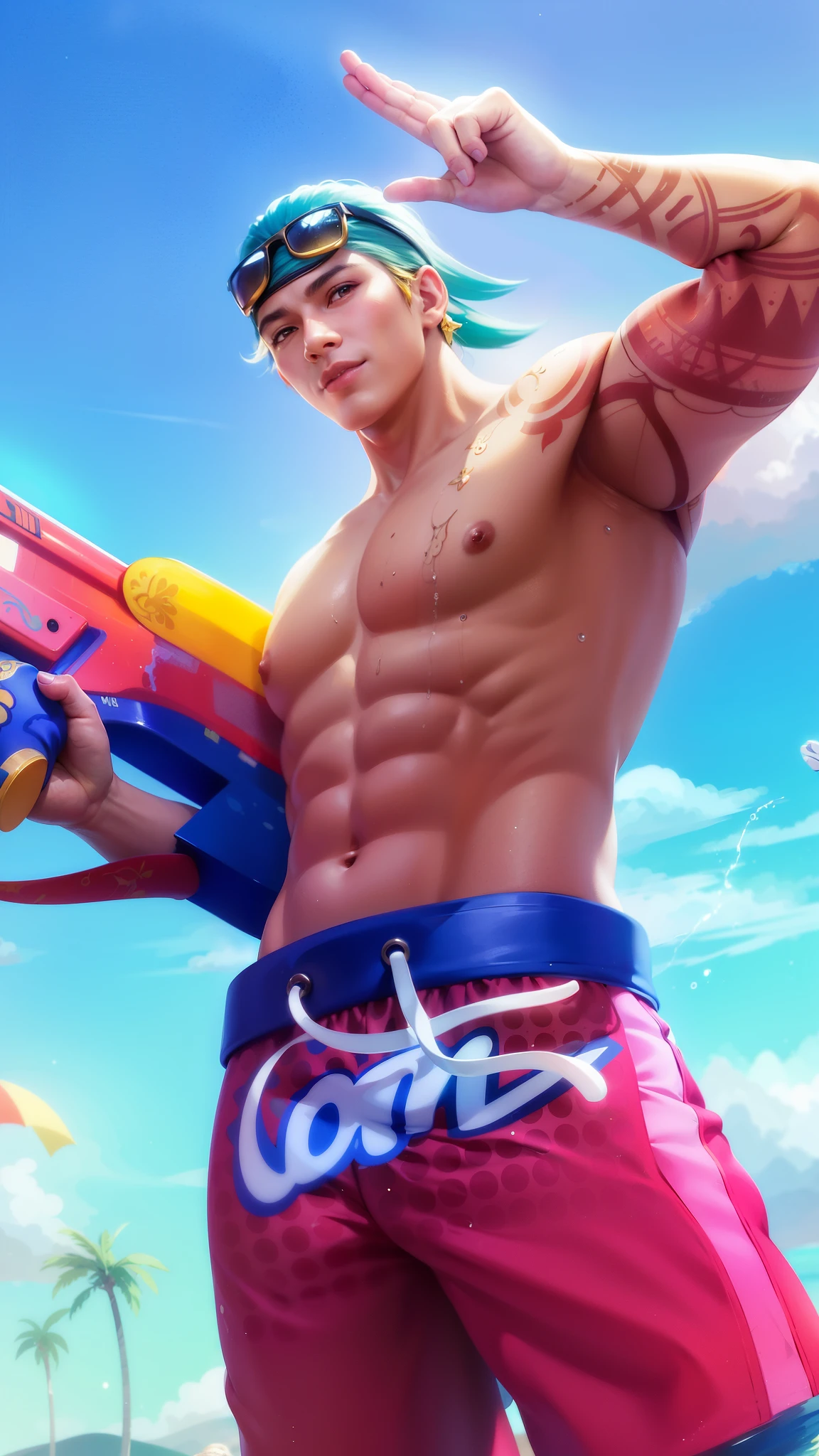 Best quality, masterpiece, detailed skin texture, detailed clothes texture, detailed face, super detail, 8k, intricate detail, 1 boy, there is a man with a surfboard in the water, deviantart artstation cgscosiety, rossdraws cartoon vibrant, artwork in the style of guweiz, cai xukun, smooth anime cg art, shirtless :: high detail, background artwork, realism artstyle, g liulian art style, rossdraws 1. 0, phone wallpaper, smile.