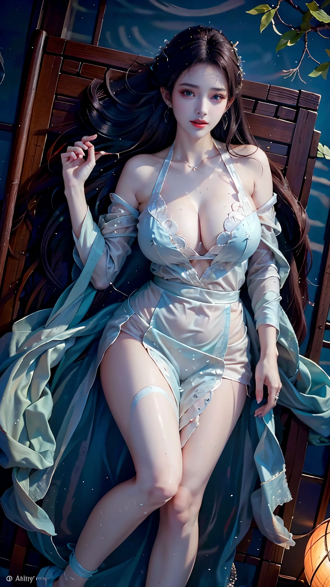 ((Aerial view)), 1girl, a very beautiful woman, plump slim woman, correct limbs, right hand, in the darkness, ((float的,water,float)), ((lying down)), ((躺在池塘里玩water)), night, night view, moonlight, quaint buildings, bamboo huts, plant, The whole body is soaked, wet hair, pretty face, masterpiece, original photo, best quality, detail, lifelike, Very detailed, official art, (extremely beautiful face, beautiful lips, What beautiful big eyes), detail的脸, plump breasts, split, Slender sexy legs, 腿漏water, very nice legs, sexy pose, grace, bright smile, Show off your exquisite figure and graceful curves, Ray tracing
