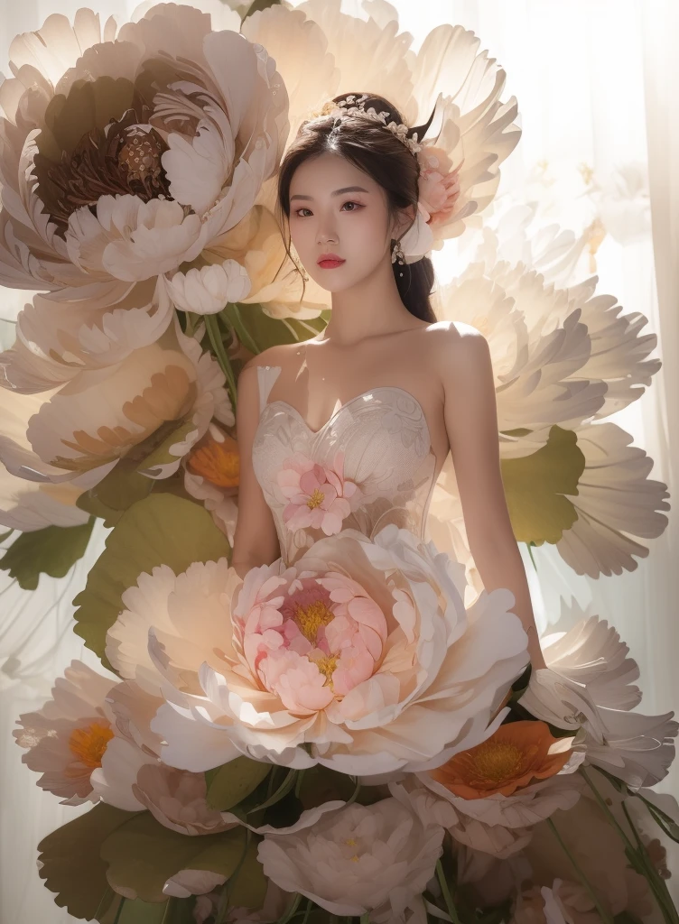 there is a woman in a white dress standing next to a large flower, sha xi, wedding dress, wenfei ye, clothes made out of flower, an intricate dress, wu liu, korean artist, Hungry Ghost Festival, flower dress, wenjun lin, flower goddess, lady with glowing flowers dress, yanjun chengt, xision wu