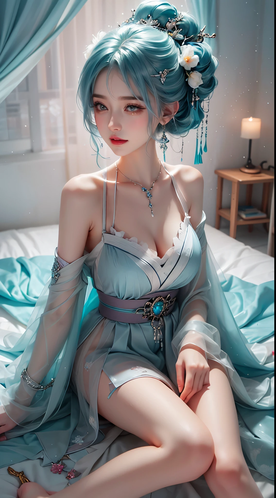 ayaka, genshin impact, kamisato ayaka,  ((Knee Shooting)),（masterpiece、best quality、high resolution），（Colorful background，（splash of color）），sweet girl，Light blue and white medium length hair，[light blue|pink]hair，curls，sparkling，红pink的嘴唇，The cracks are relatively large，splash of color，Volumetric lighting，A plump chest, elegant gesture, Sexy slender legs
