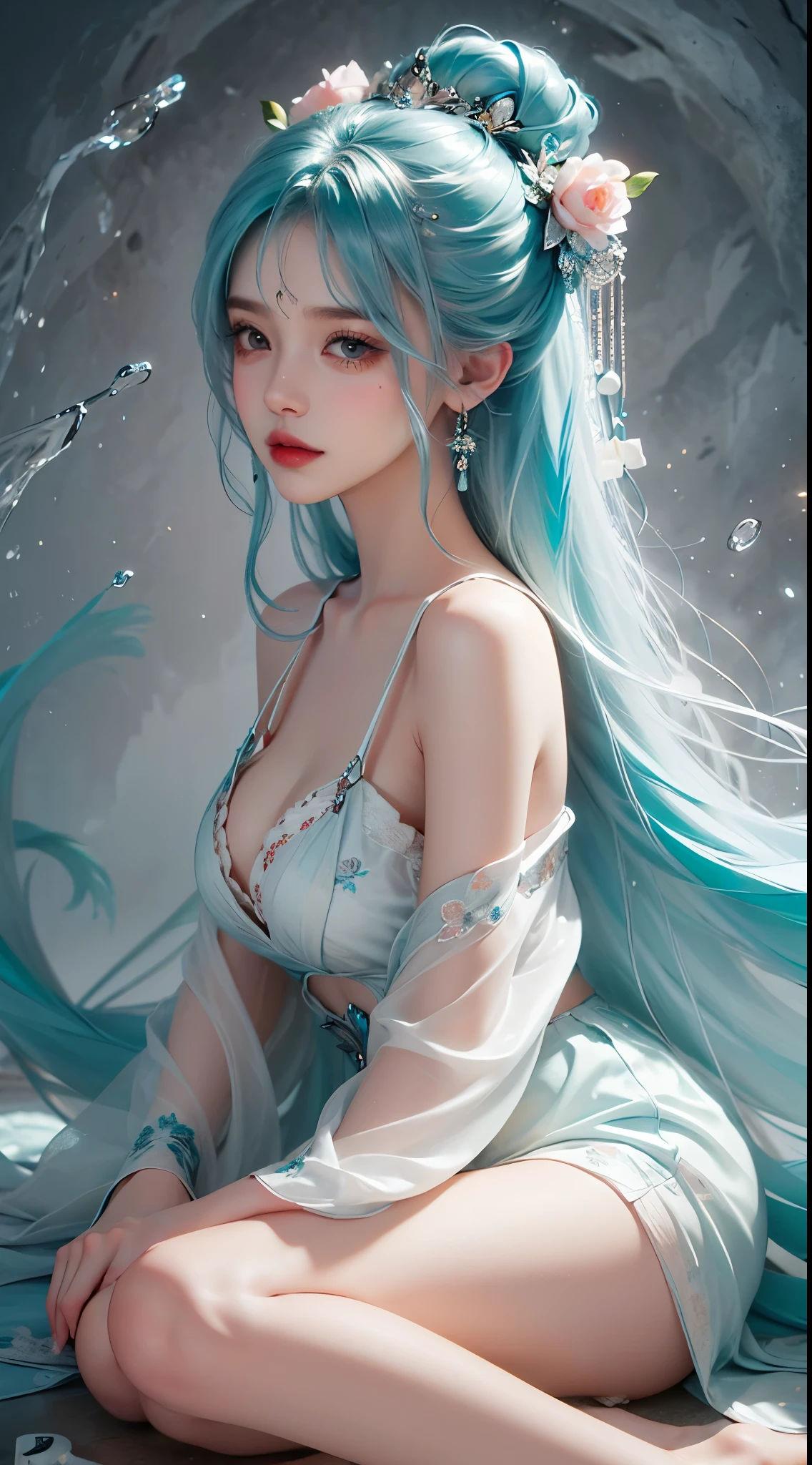  ((knee shot)),（masterpiece、best quality、high resolution），（Colorful background，（splash of color）），sweet girl，Light blue and white medium length hair，[light blue|pink]hair，curls，shiny，红pink的嘴唇，The cracks are relatively large，splash of color，Volumetric lighting，plump breasts, elegant gesture, Sexy slender legs