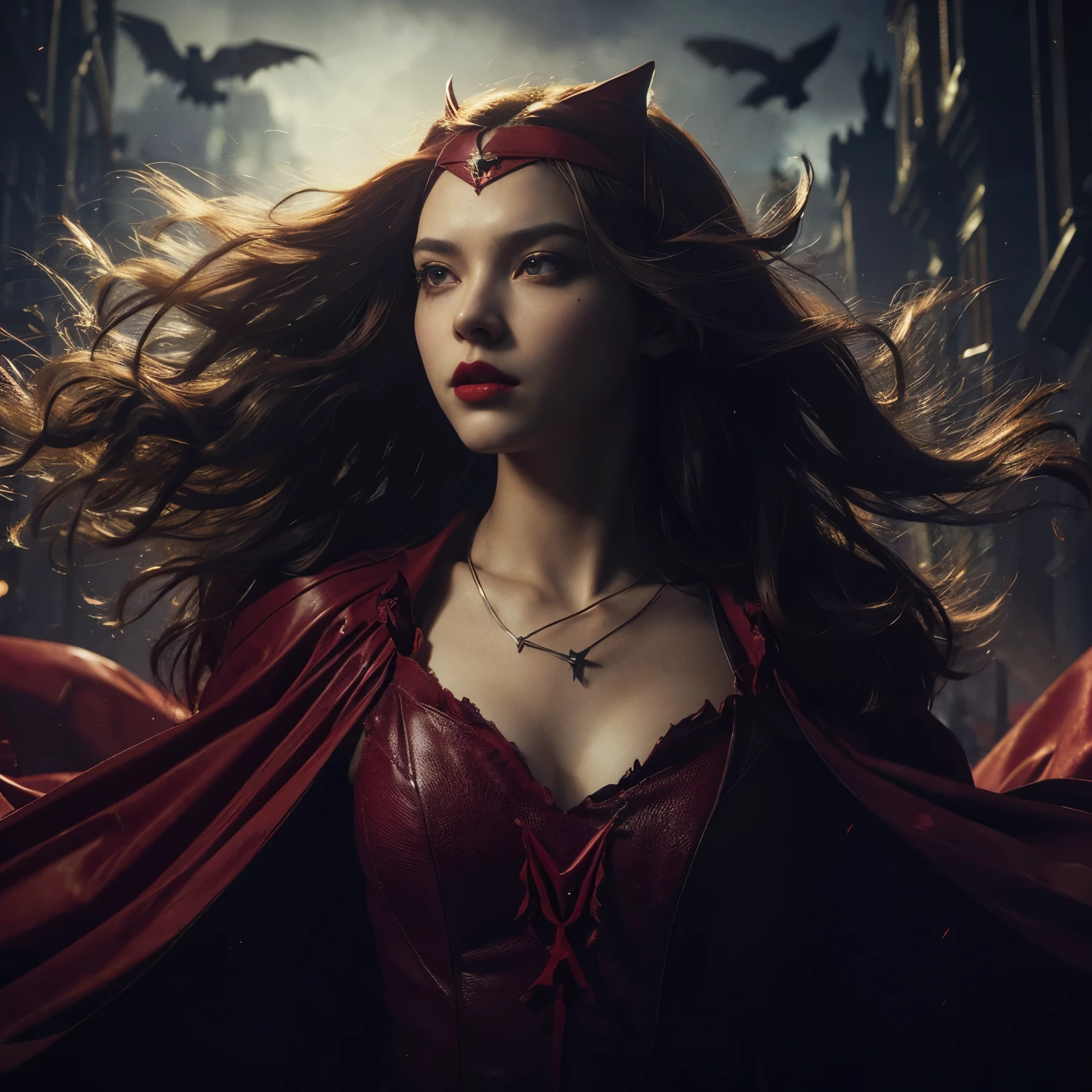 ((very sharp photo result & detailed face)) (((textile shading))), (((Best Quality))), (((masterpiece))), (((hyper realistic photo))), dark backlight shade shoot devilish floating full body the Scarlet witch (((classic costume red tanktop leather, "M" headband & red silk cloak)) (red light aura ambience over her body))), wavy hairstyle red hair, ((waving by winds, gorgeous hair)), red glowing eyes, (((bi))), ((spell a magic pose)), dark castle environtment, gargoyles, gritty atmosphere,4K, perfect