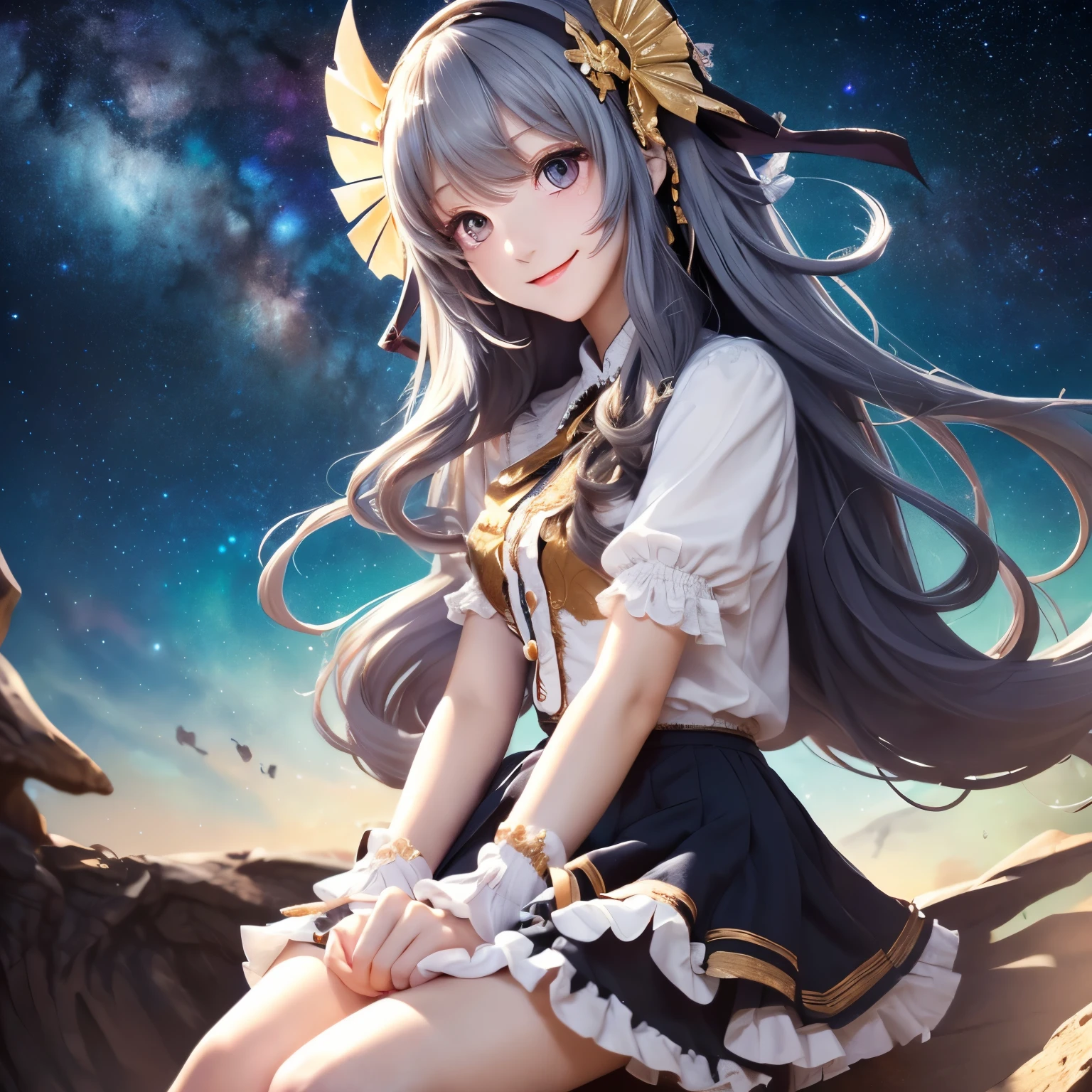 ((masterpiece)), (((highest quality))), ((super detailed)), ((figure)), ((messy hair)), beautiful and fine eyes, (1 girl:1.2),(alone), dynamic angle, starry sky nebula, ((frills)), beautiful and detailed sky, Medjed,beautiful and fine eyes,evil smile, No expression,hair between eyes, gray hair,pleated skirt,((messy hair